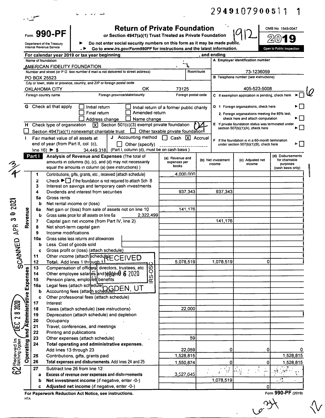 Image of first page of 2019 Form 990PF for American Fidelity Foundation