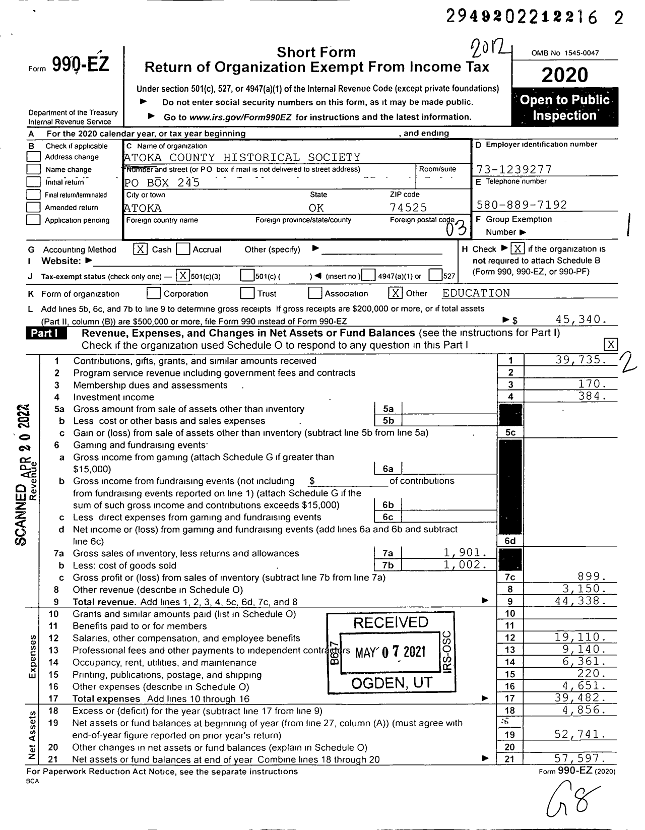 Image of first page of 2020 Form 990EZ for Atoka County Historical Society