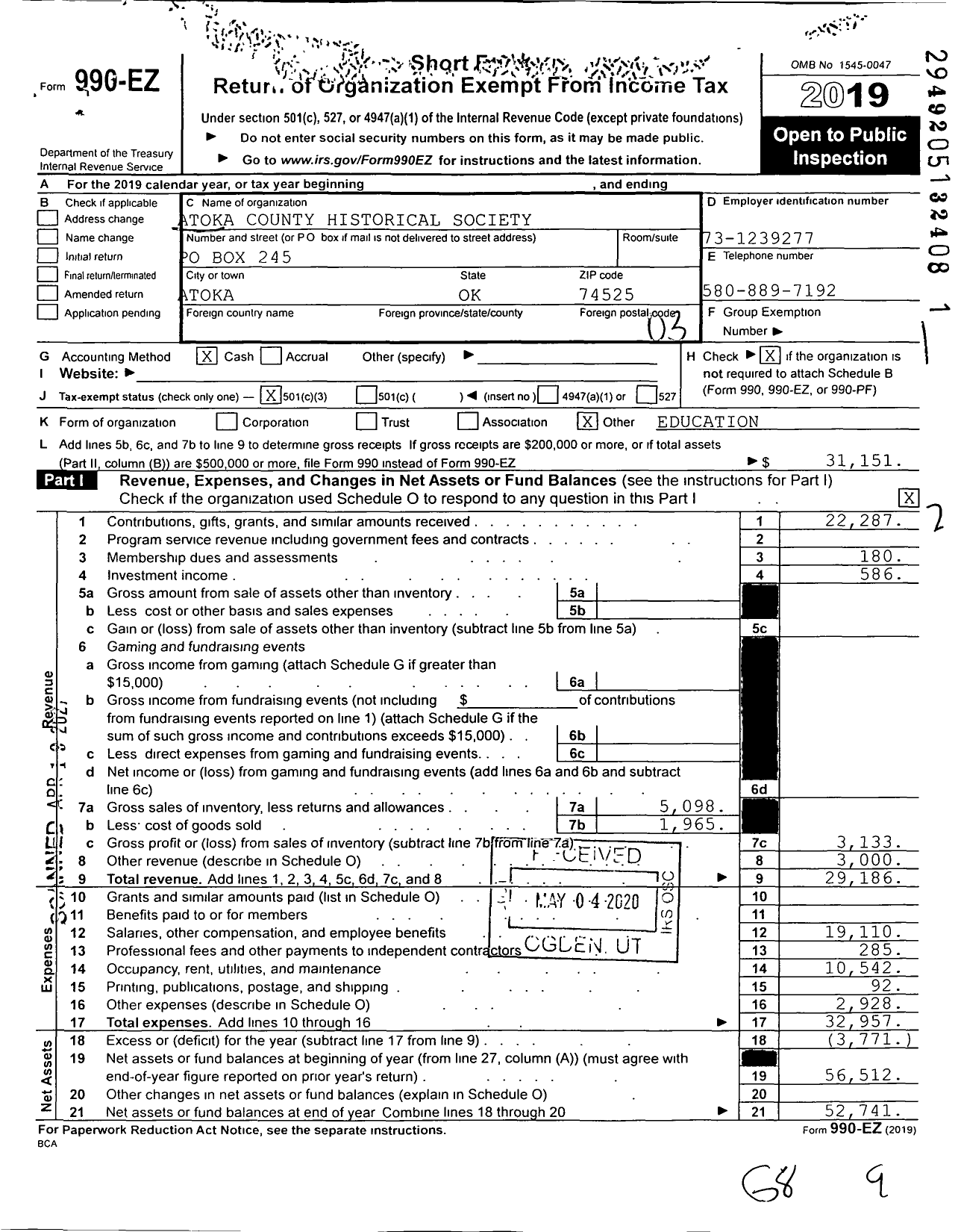 Image of first page of 2019 Form 990EZ for Atoka County Historical Society