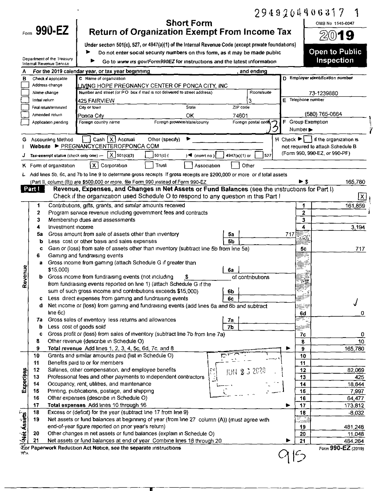 Image of first page of 2019 Form 990EZ for Living Hope Pregnancy Center of Ponca City