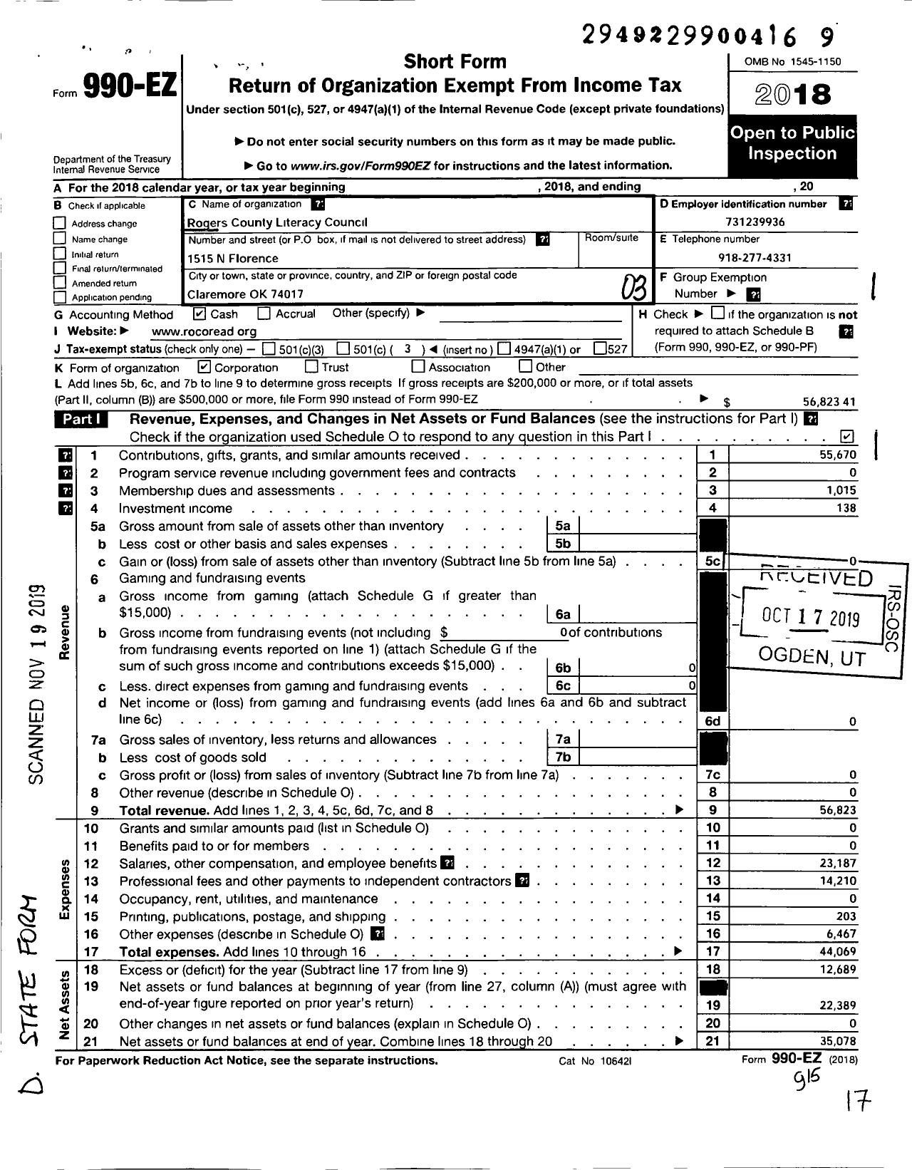 Image of first page of 2018 Form 990EZ for Rogers County Literacy Council