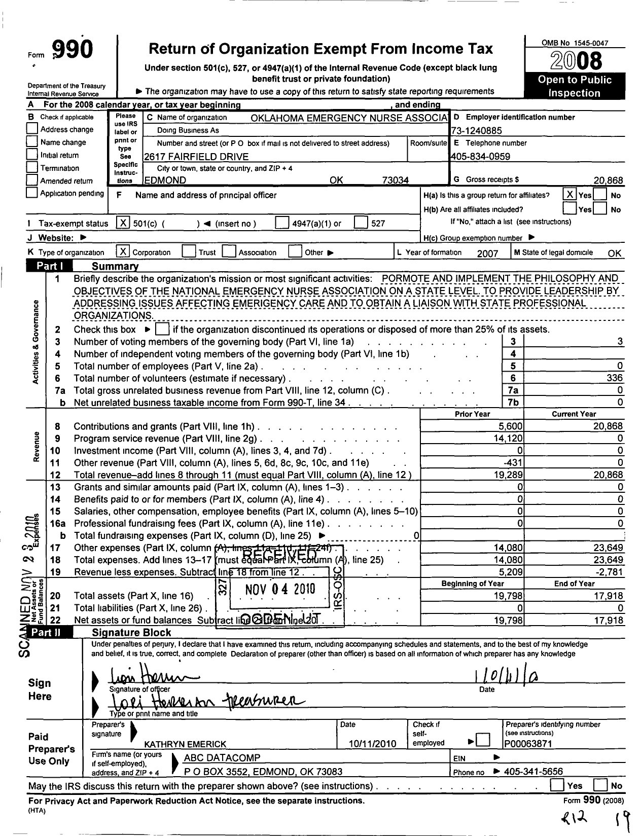 Image of first page of 2008 Form 990O for Emergency Nurses Association / Oklahoma State Council