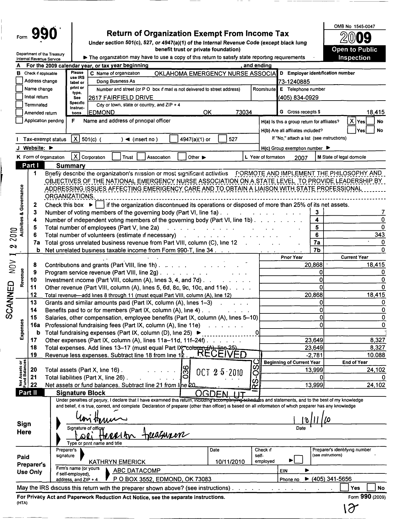 Image of first page of 2009 Form 990O for Emergency Nurses Association / Oklahoma State Council