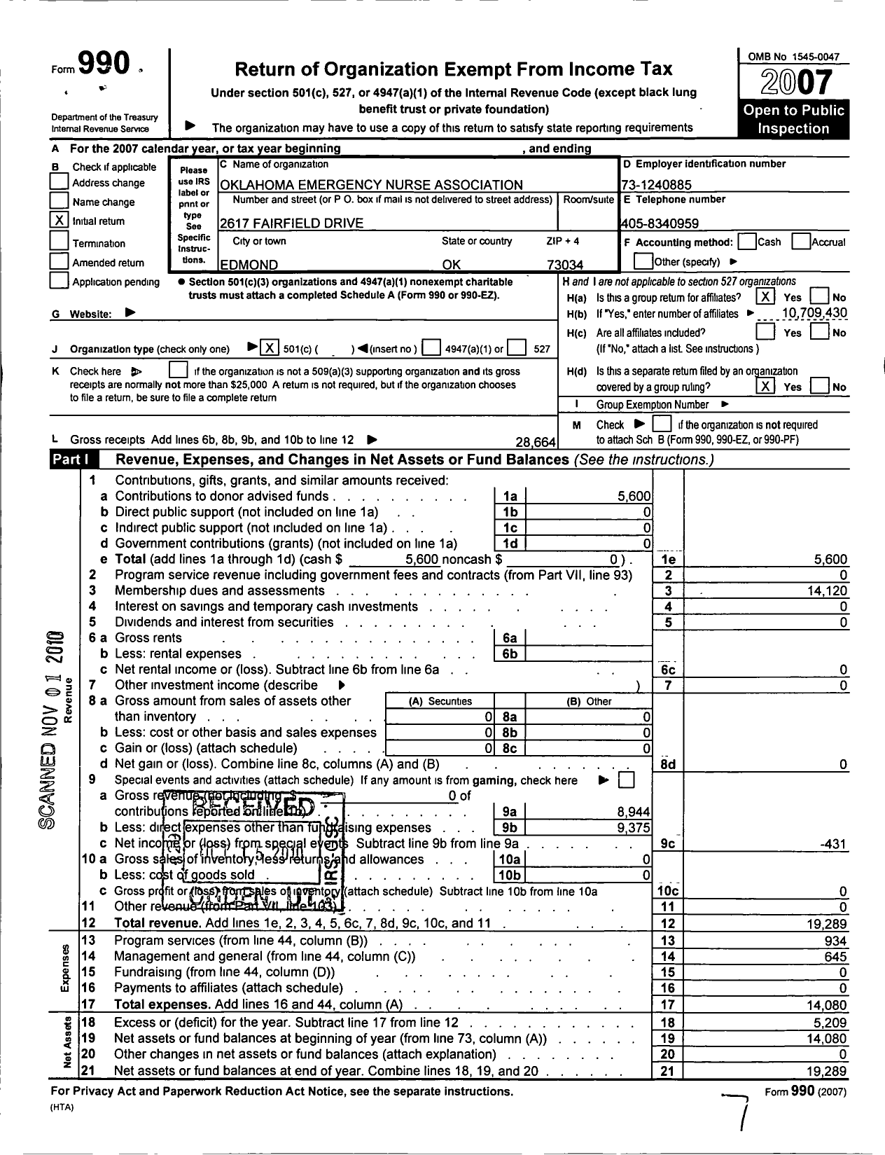 Image of first page of 2007 Form 990O for Emergency Nurses Association / Oklahoma State Council