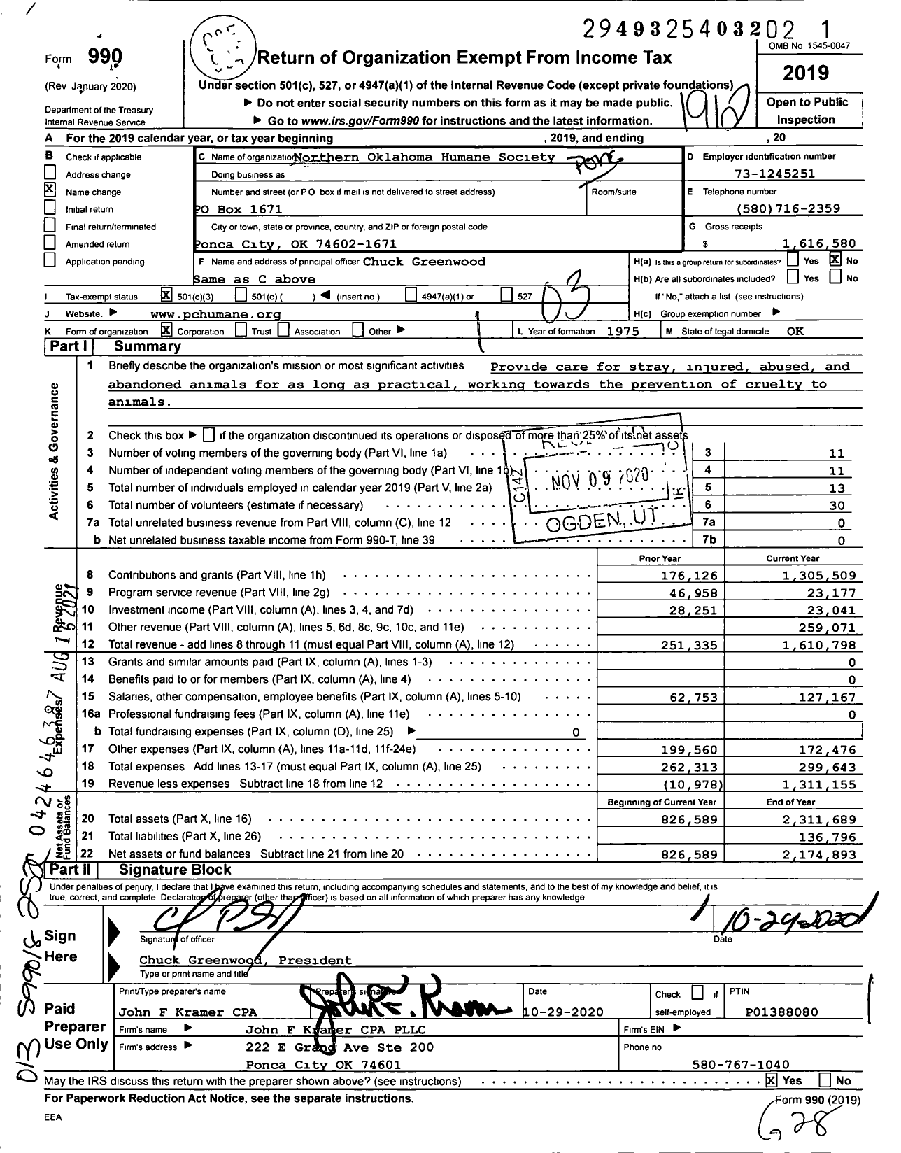 Image of first page of 2019 Form 990 for Northern Oklahoma Humane Society