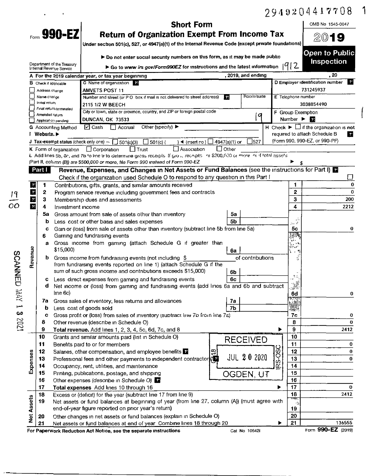 Image of first page of 2019 Form 990EO for Amvets Post 11