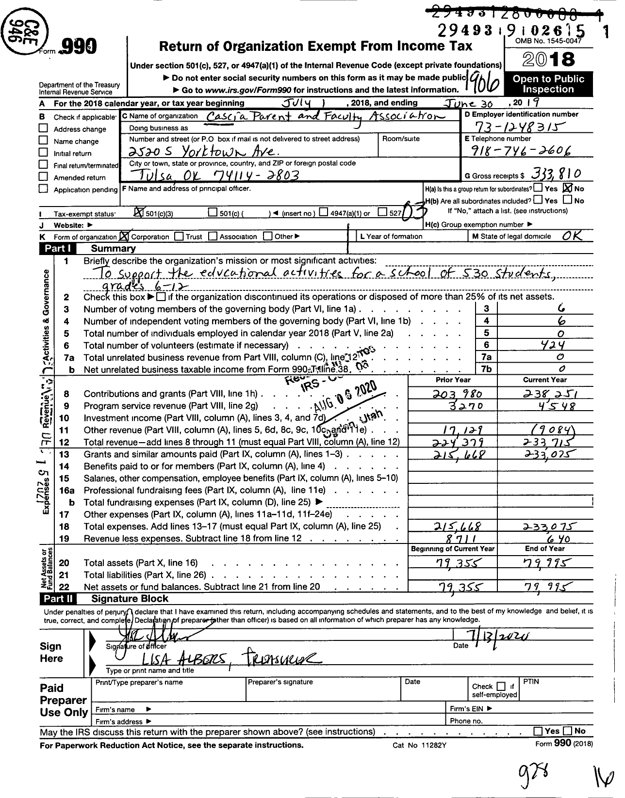 Image of first page of 2018 Form 990 for Cascia Parent and Faculty Association