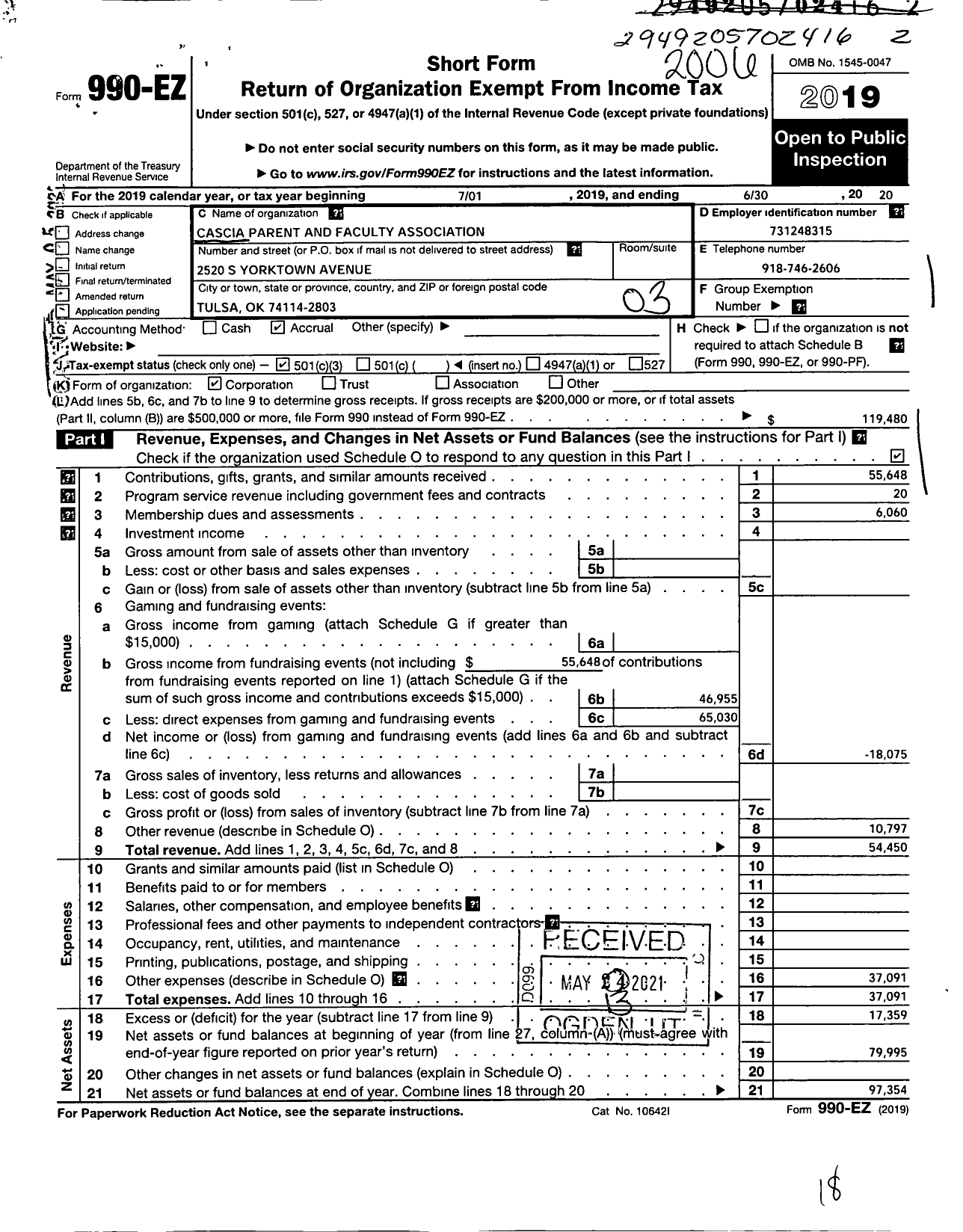 Image of first page of 2019 Form 990EZ for Cascia Parent and Faculty Association