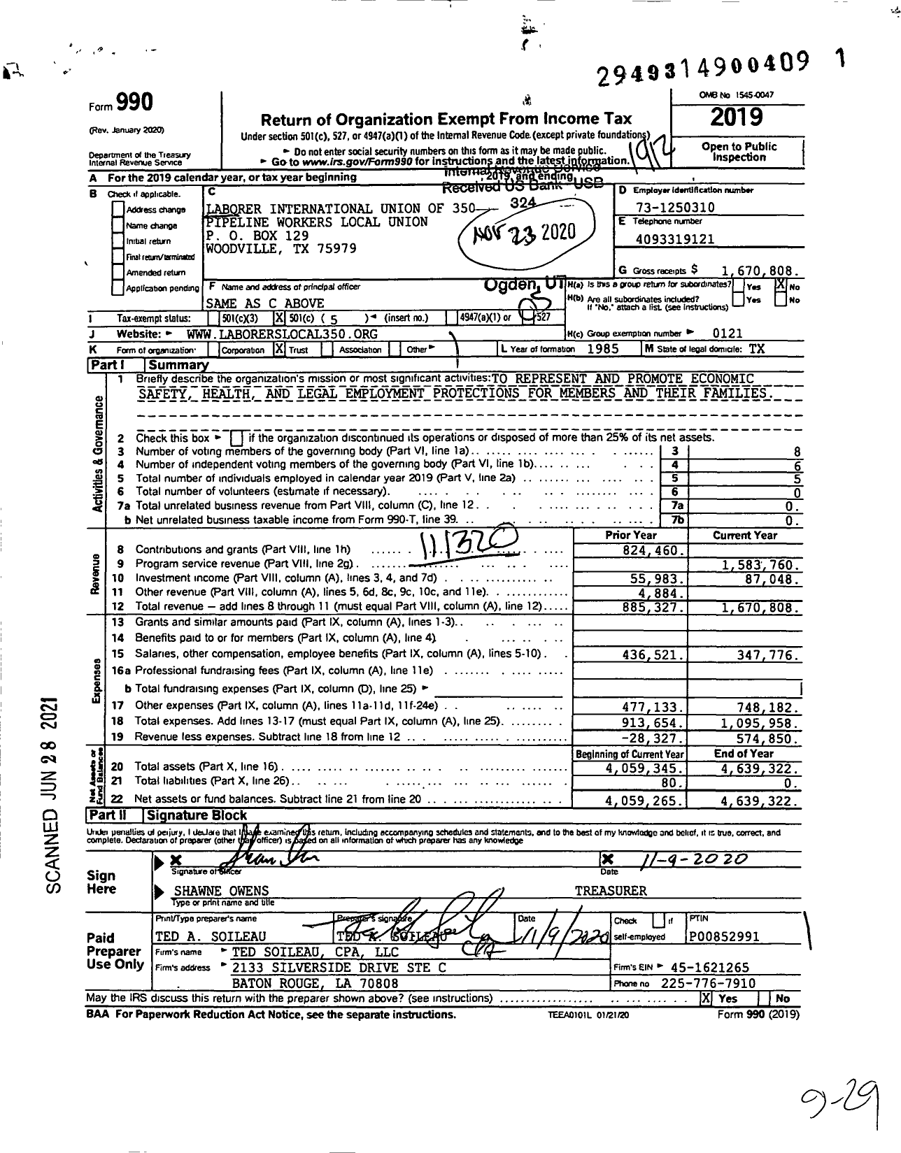 Image of first page of 2019 Form 990O for Laborers' International Union of North America - 350 Pipeline Workers Local Union