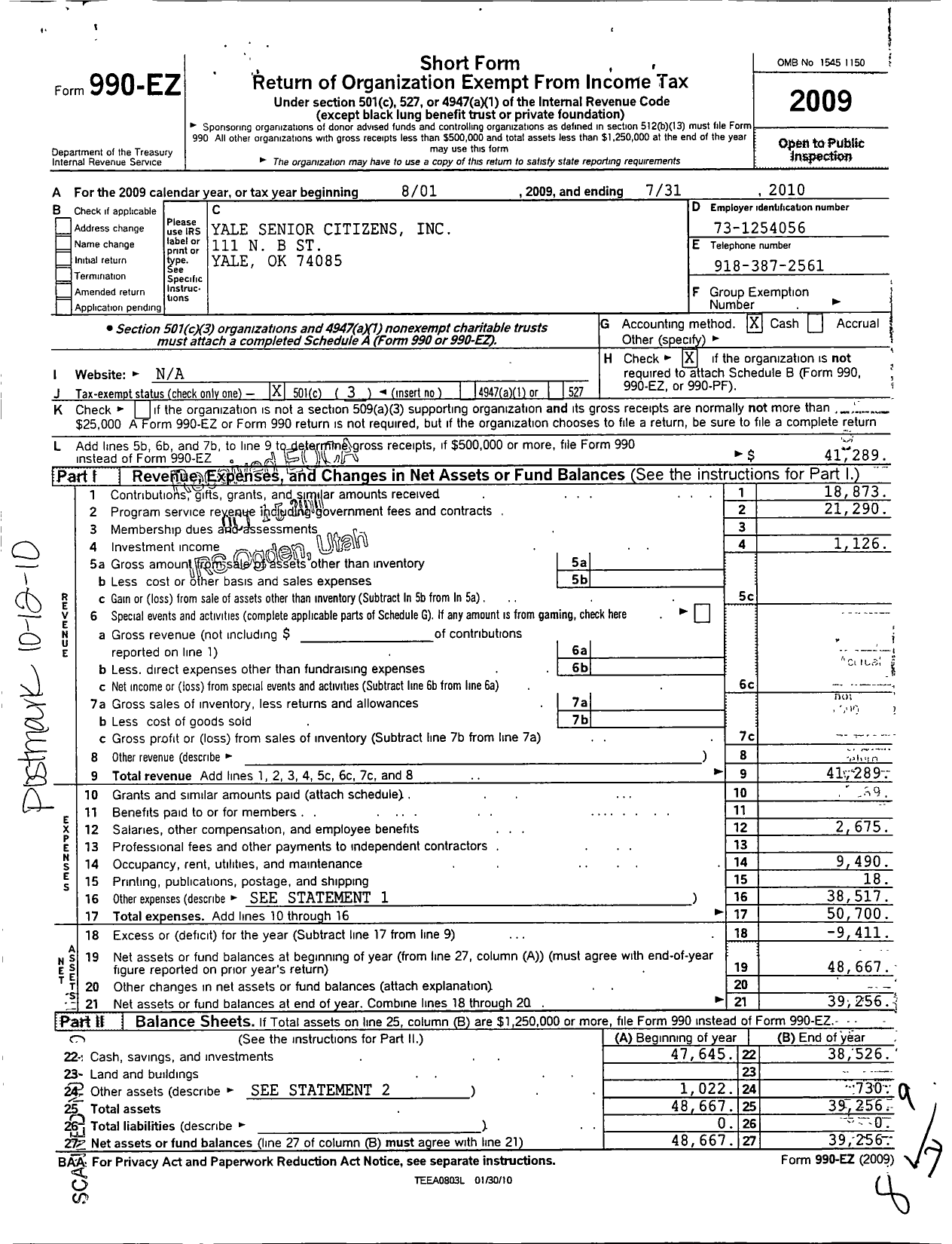 Image of first page of 2009 Form 990EZ for Yale Senior Citizens
