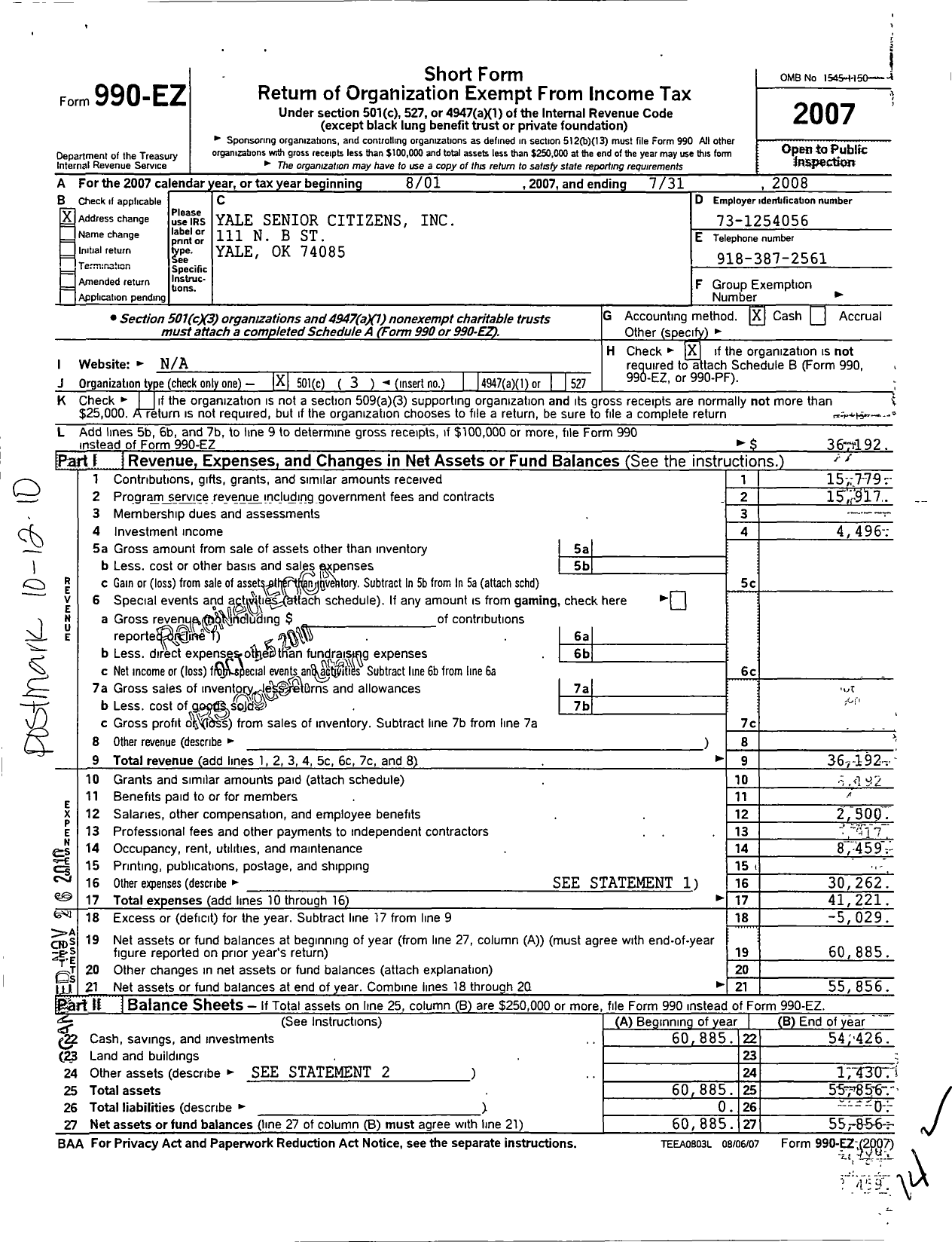 Image of first page of 2007 Form 990EZ for Yale Senior Citizens
