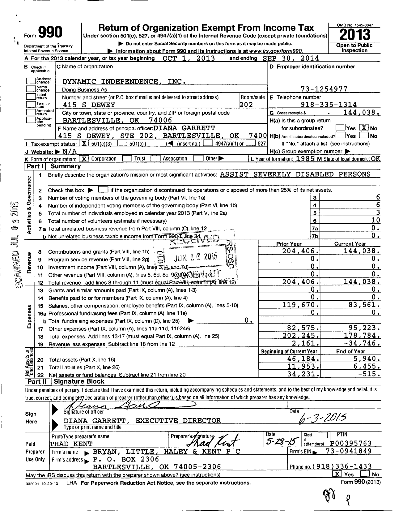 Image of first page of 2013 Form 990 for Dynamic Independence