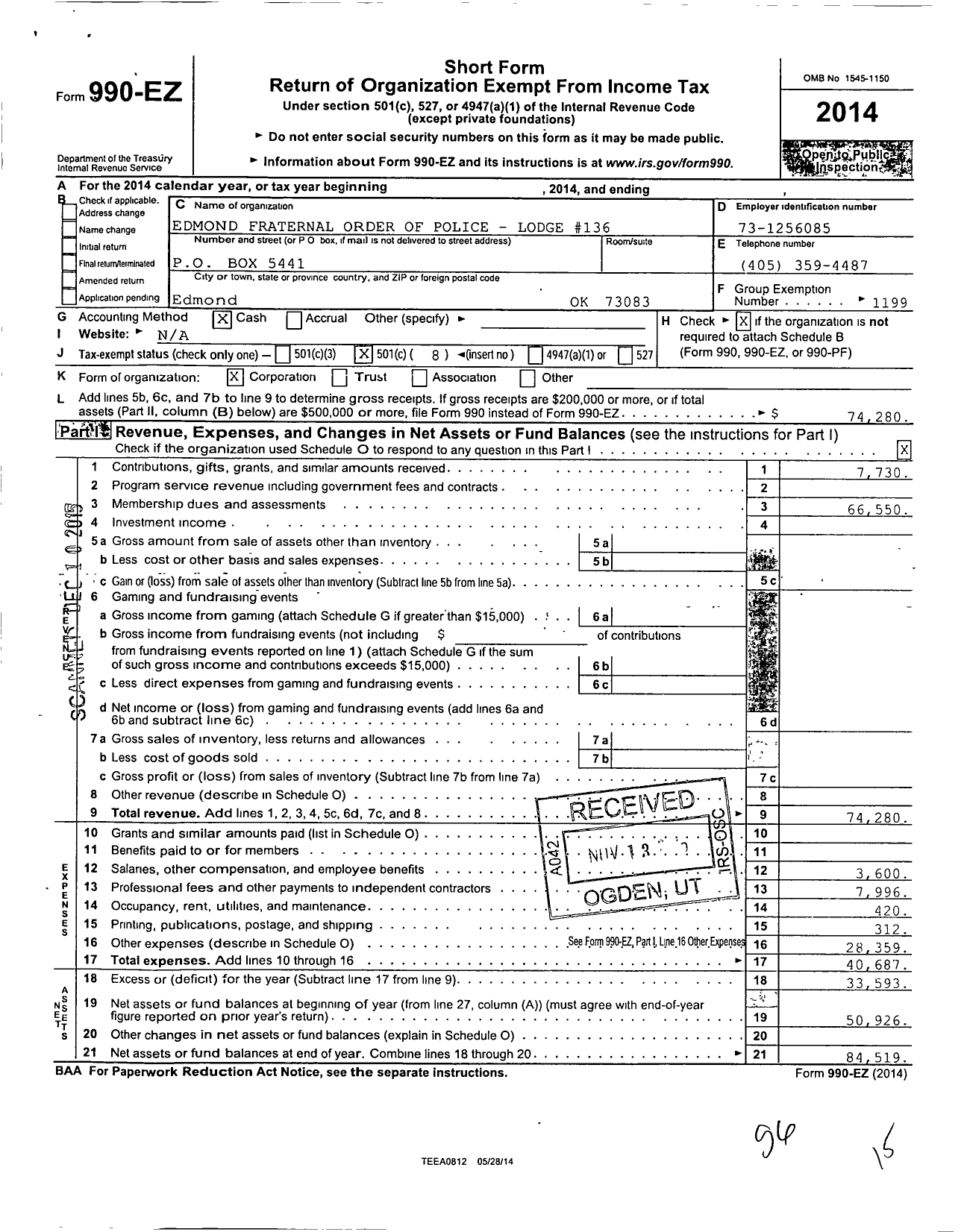 Image of first page of 2014 Form 990EO for Fraternal Order of Police