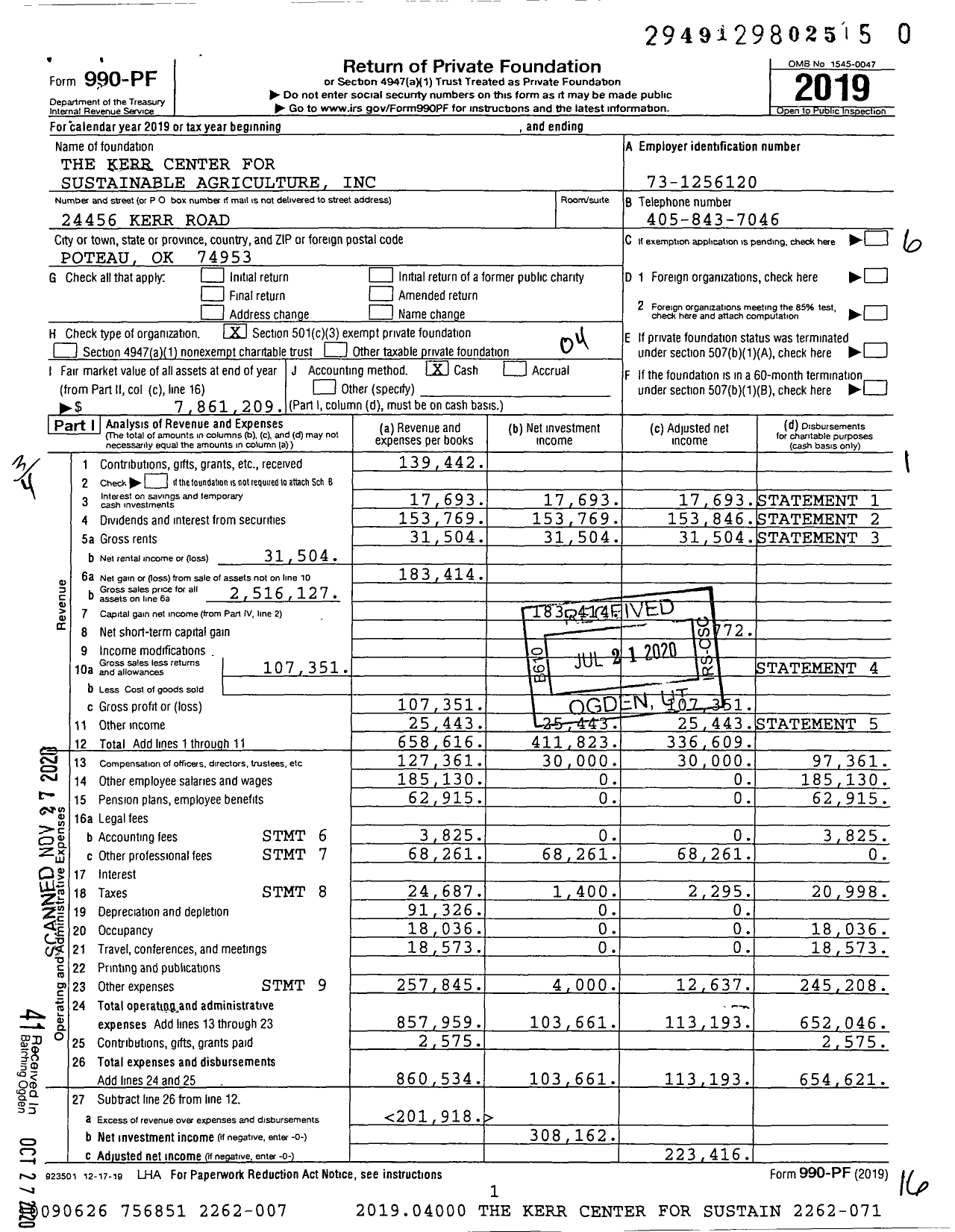 Image of first page of 2019 Form 990PF for The Kerr Center for Sustainable Agriculture