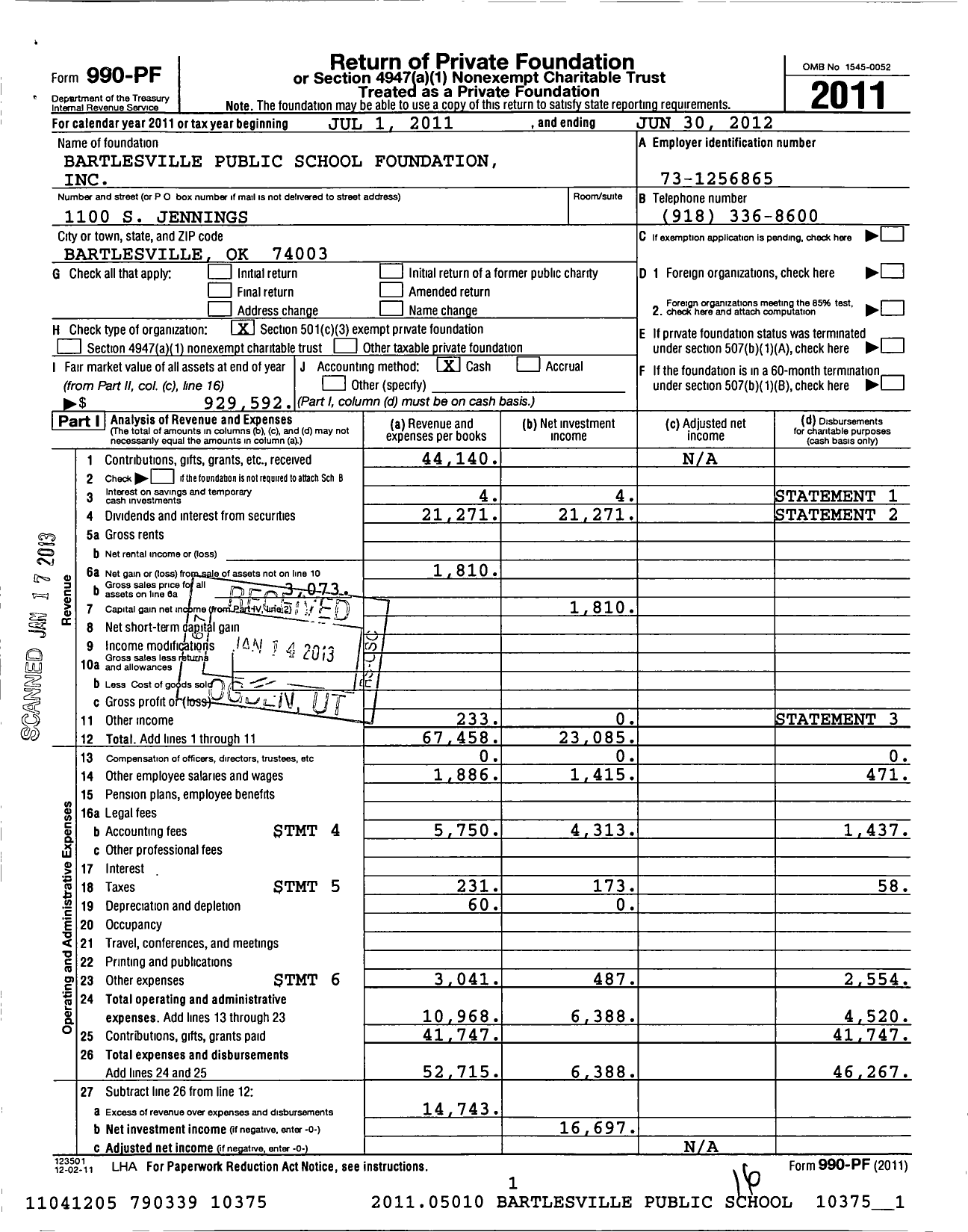 Image of first page of 2011 Form 990PF for Bartlesville Public Schools Foundation