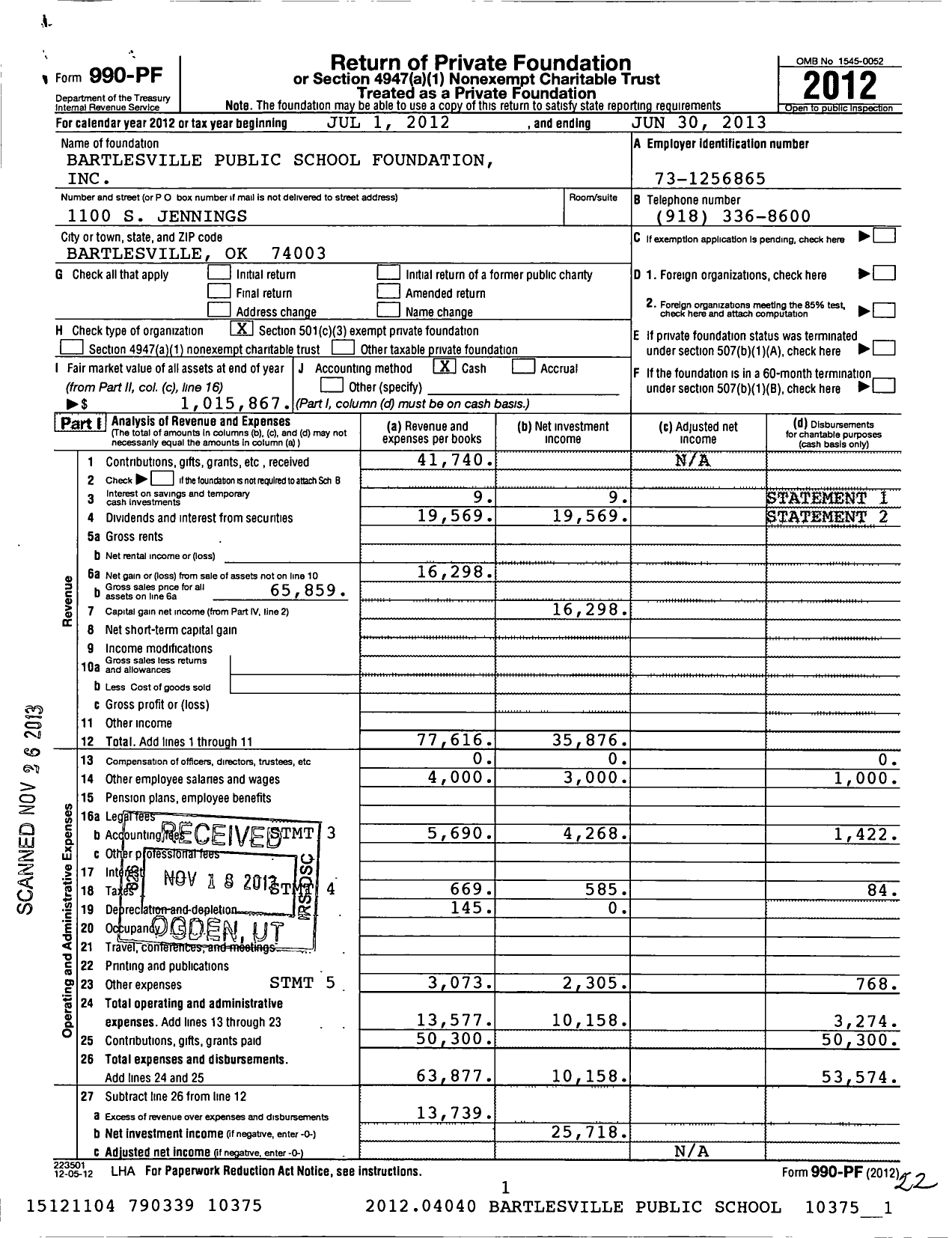 Image of first page of 2012 Form 990PF for Bartlesville Public Schools Foundation