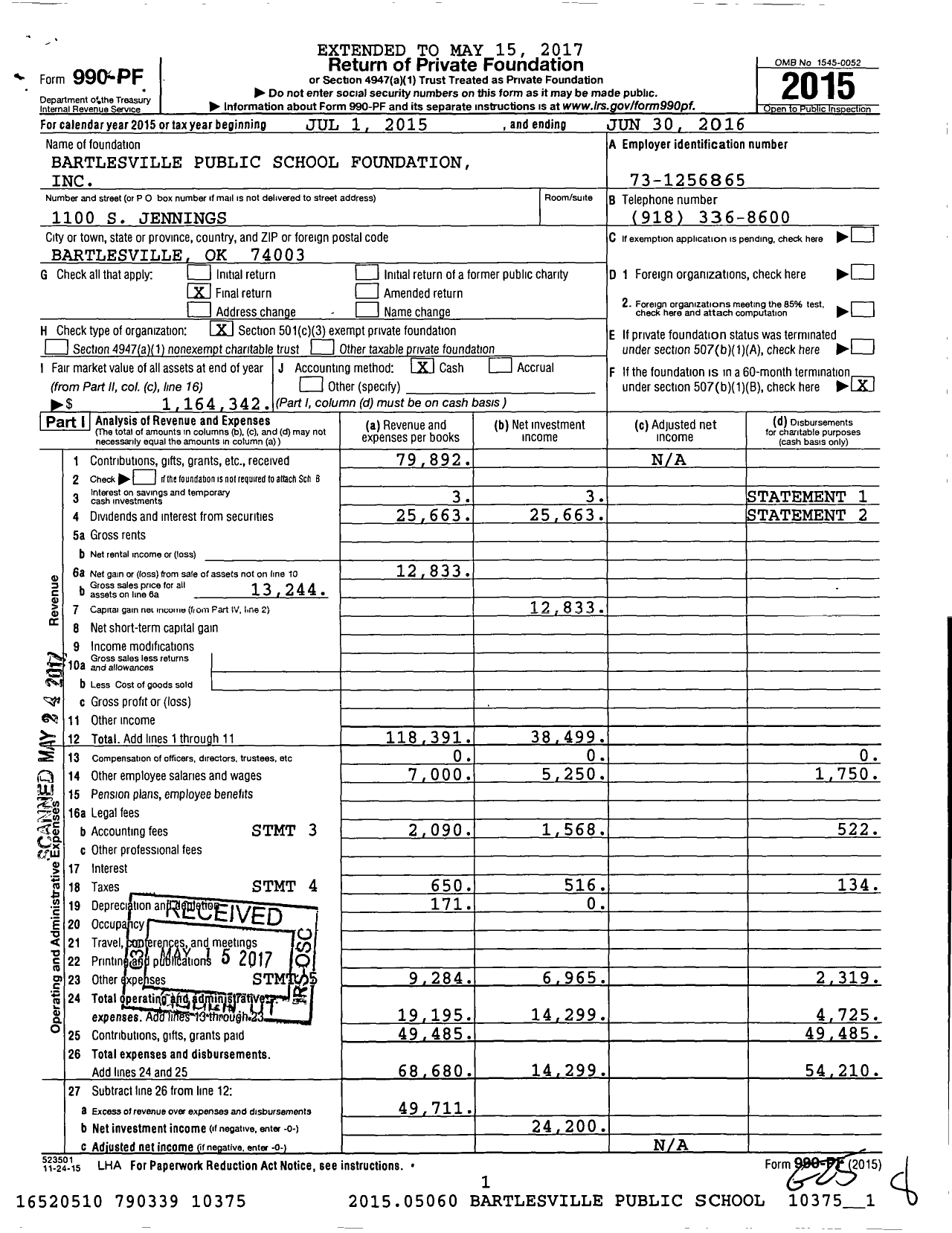 Image of first page of 2015 Form 990PF for Bartlesville Public Schools Foundation