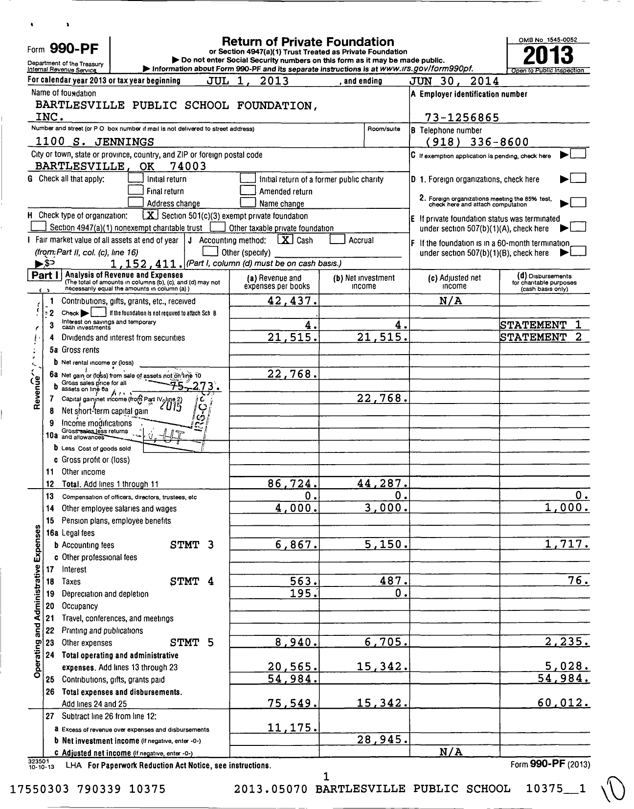 Image of first page of 2013 Form 990PF for Bartlesville Public Schools Foundation