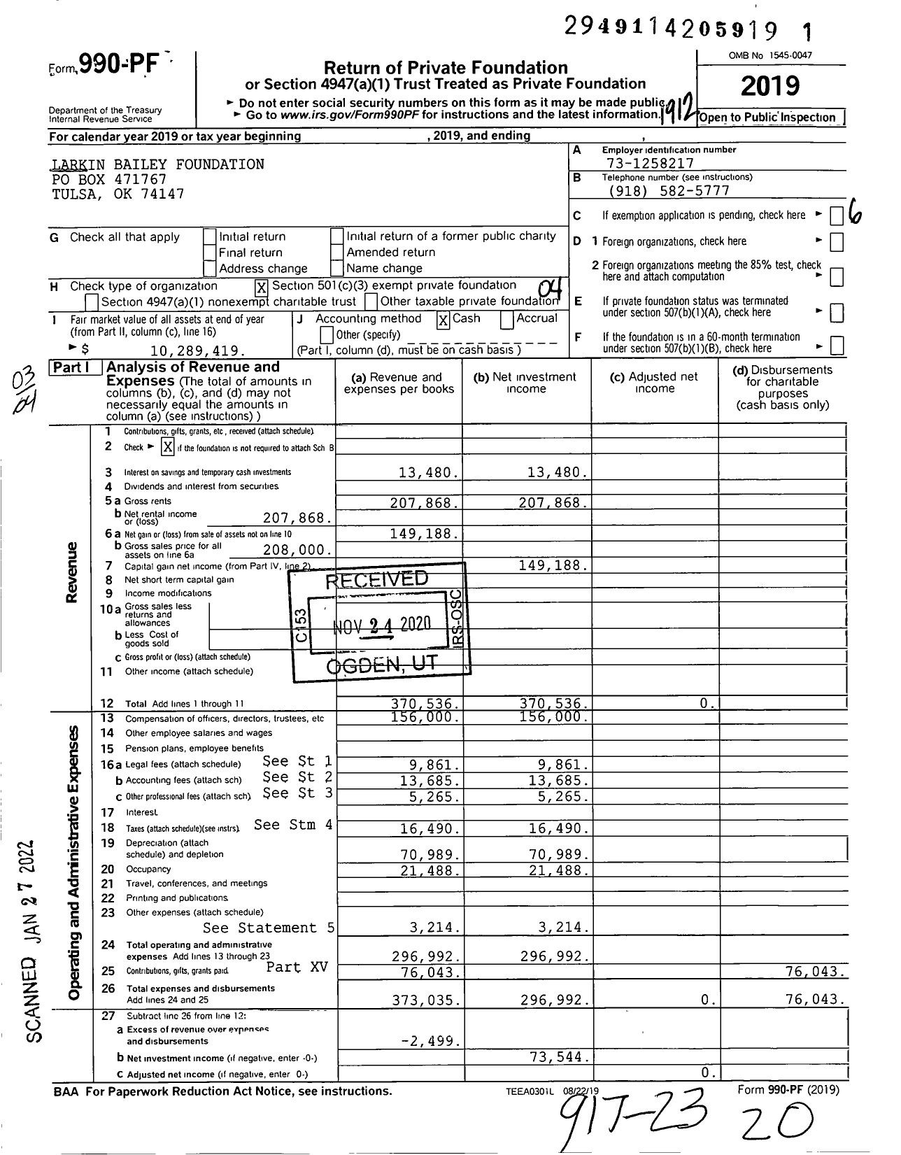 Image of first page of 2019 Form 990PF for Larkin Bailey Foundation