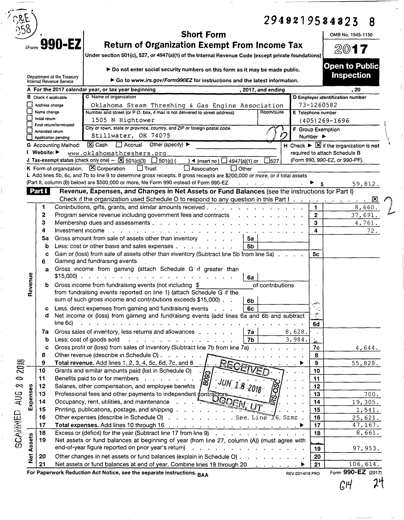 Image of first page of 2017 Form 990EZ for Oklahoma Steam Threashing and Gas Engine Association