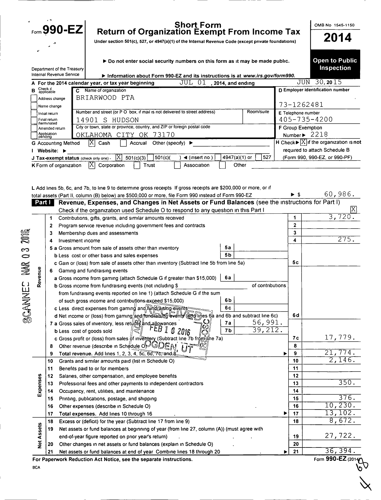 Image of first page of 2014 Form 990EZ for PTA Oklahoma Congress / Briarwood