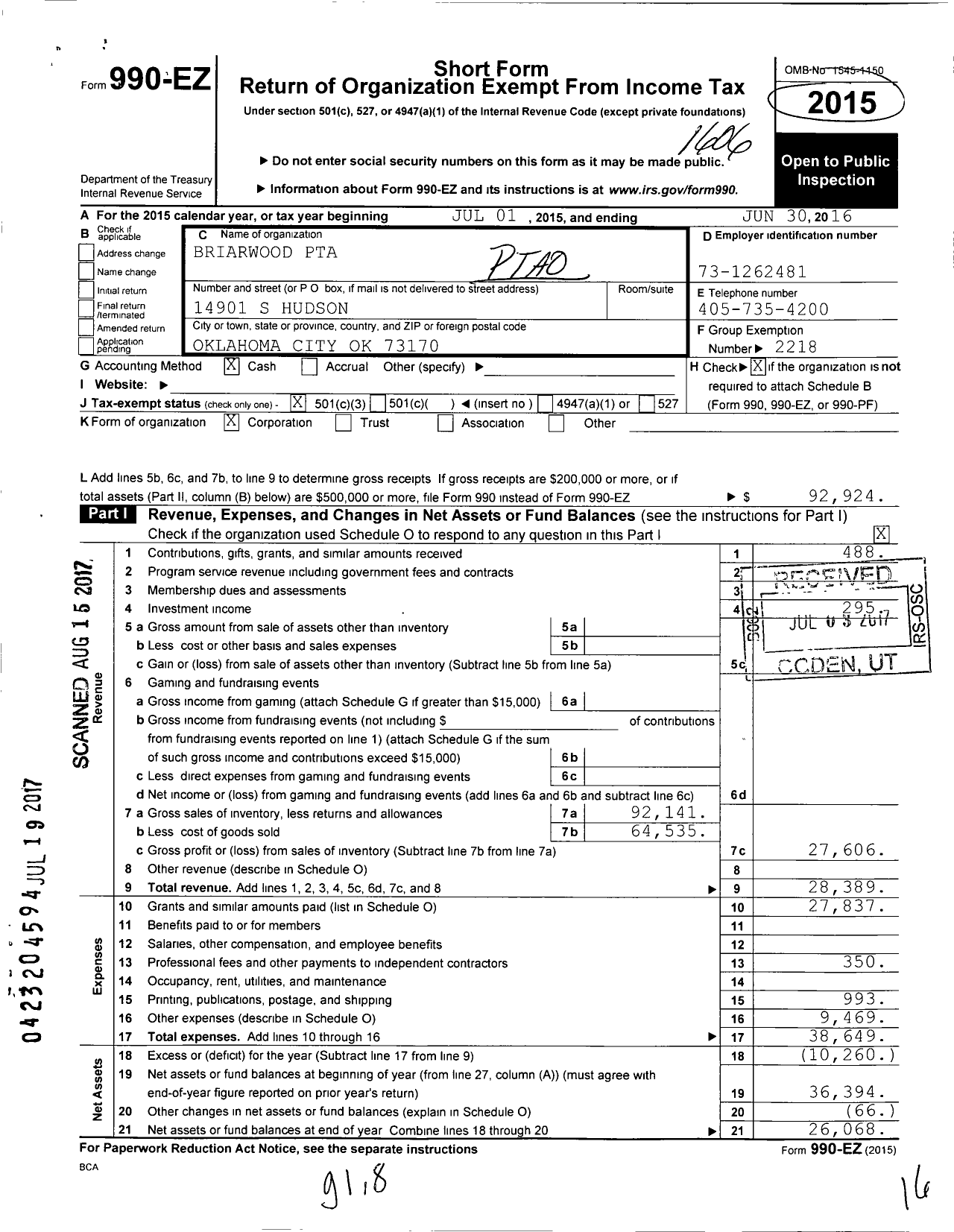 Image of first page of 2015 Form 990EZ for PTA Oklahoma Congress / Briarwood