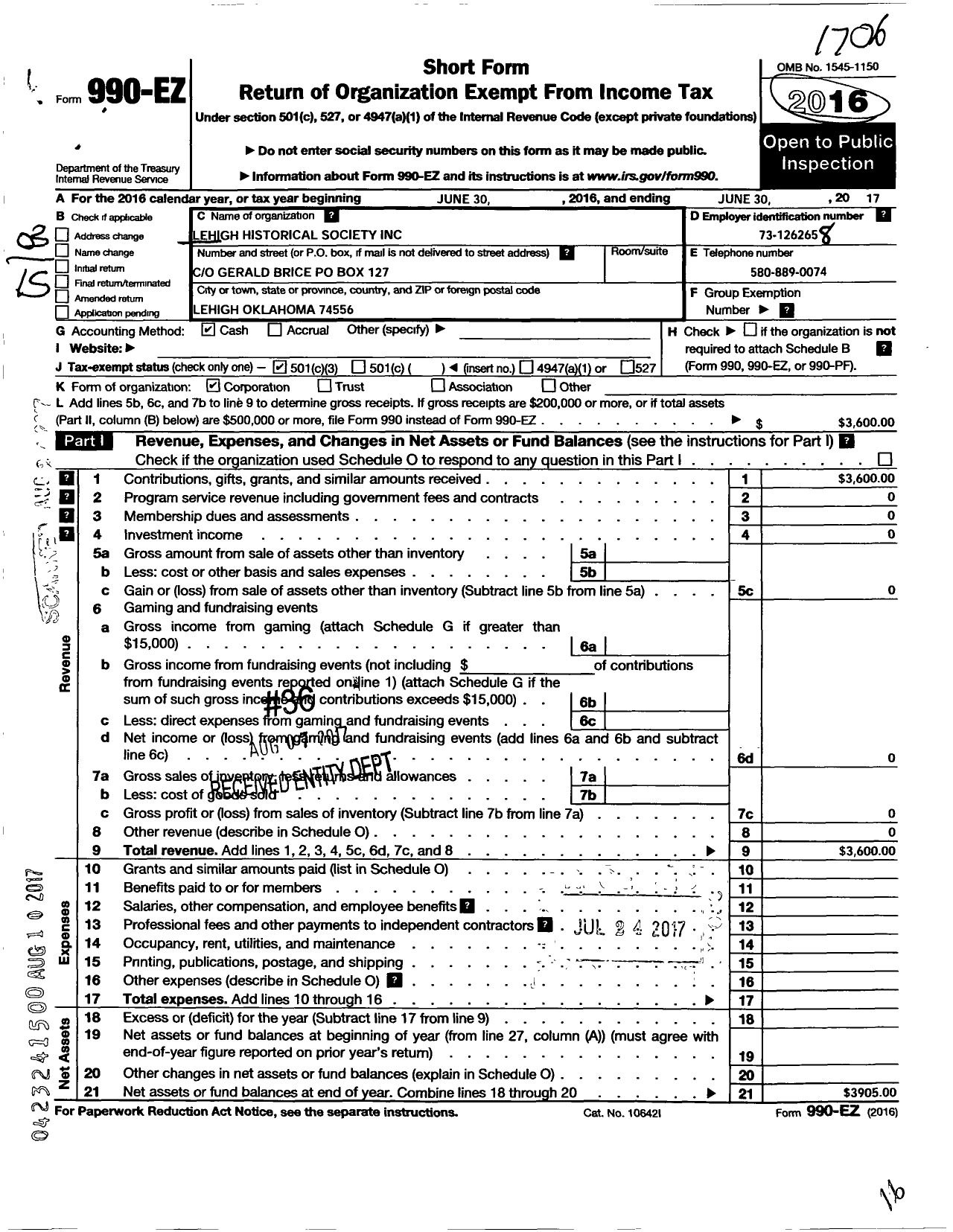 Image of first page of 2016 Form 990EZ for Lehigh Historical Society