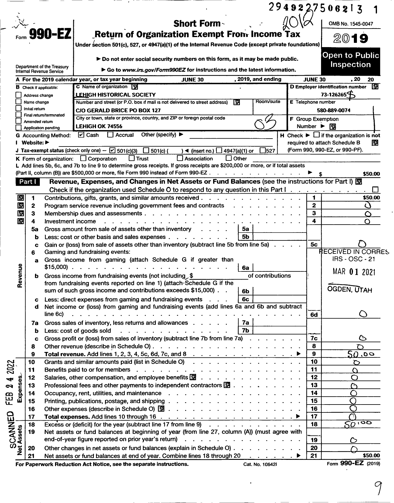 Image of first page of 2019 Form 990EZ for Lehigh Historical Society