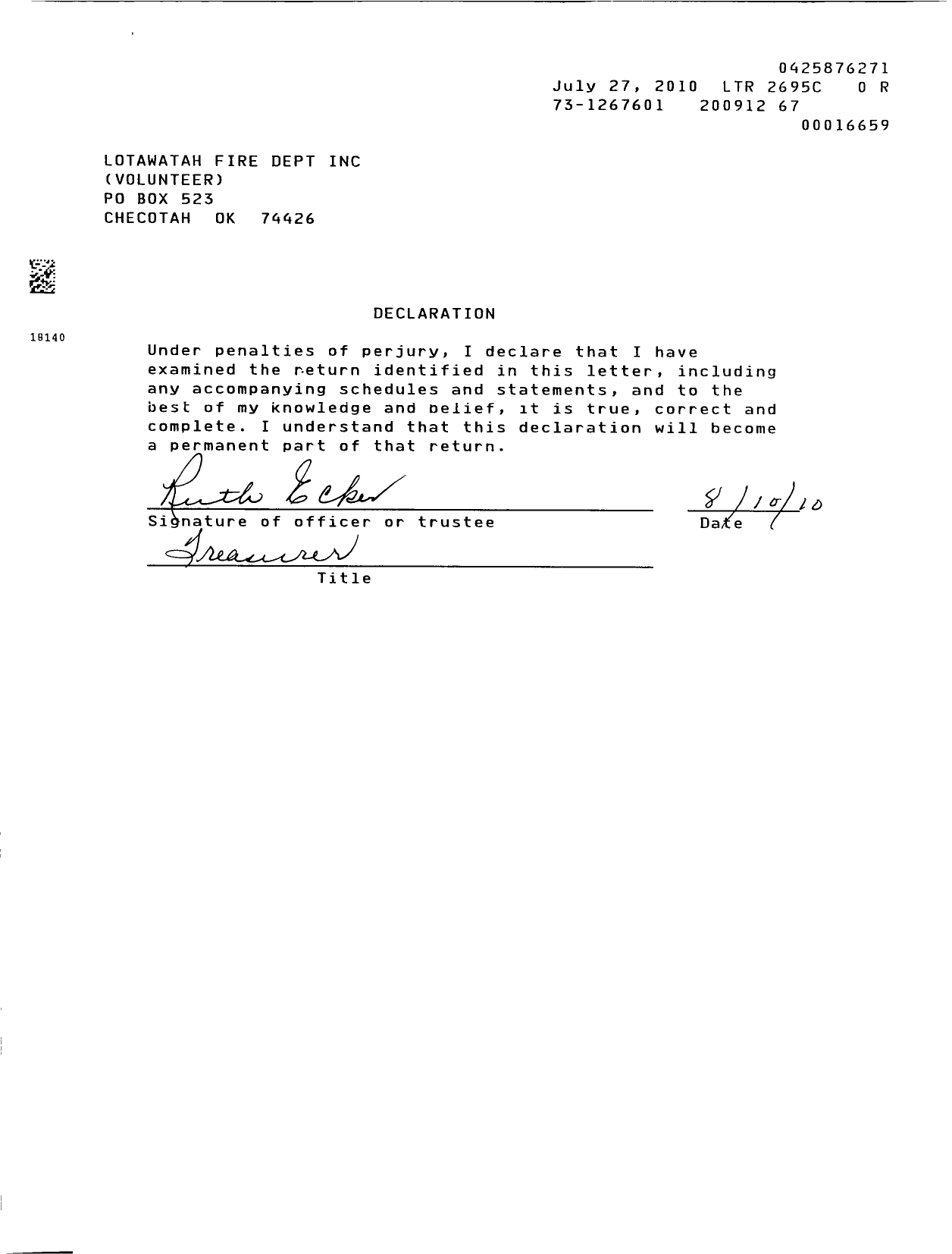 Image of first page of 2009 Form 990EOR for Lotawatah Volunteer Fire Dept