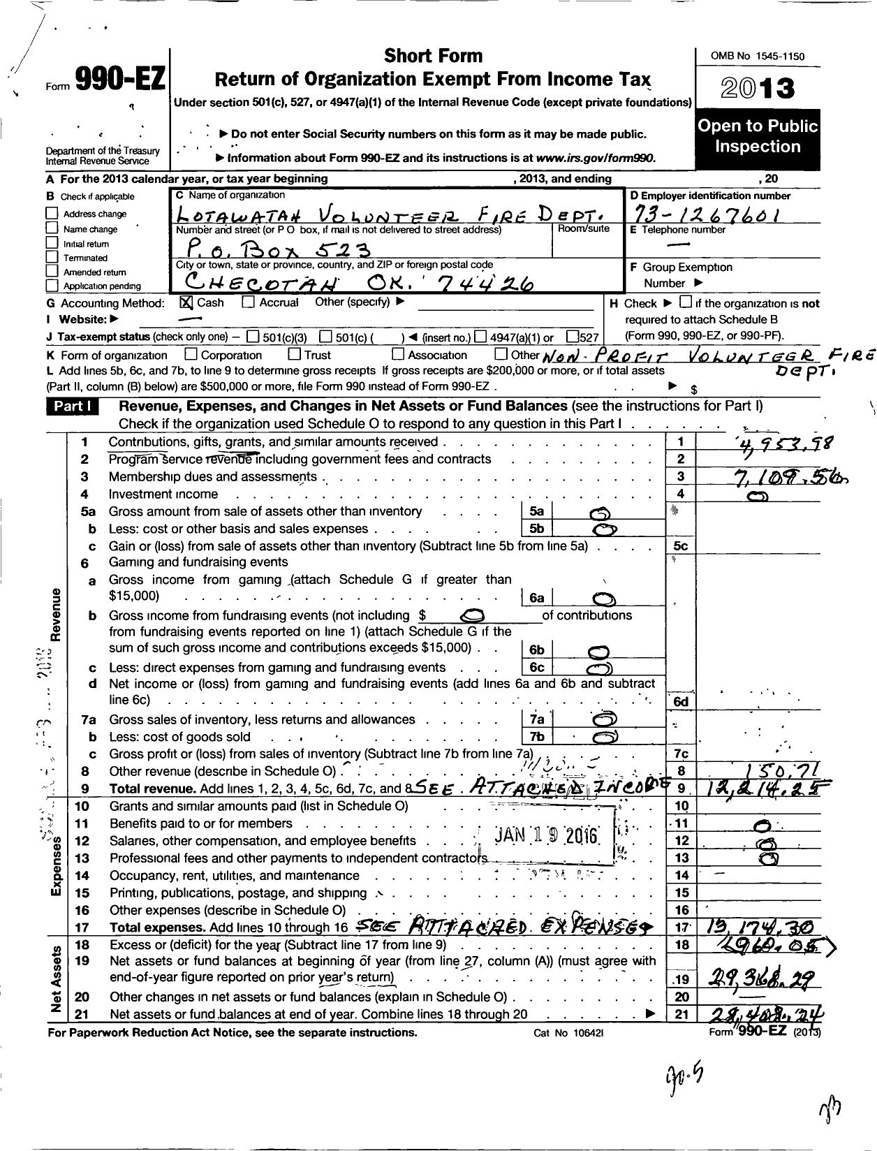 Image of first page of 2013 Form 990EO for Lotawatah Volunteer Fire Dept