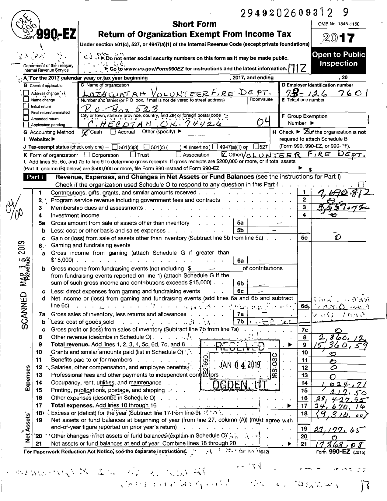 Image of first page of 2017 Form 990EO for Lotawatah Volunteer Fire Dept