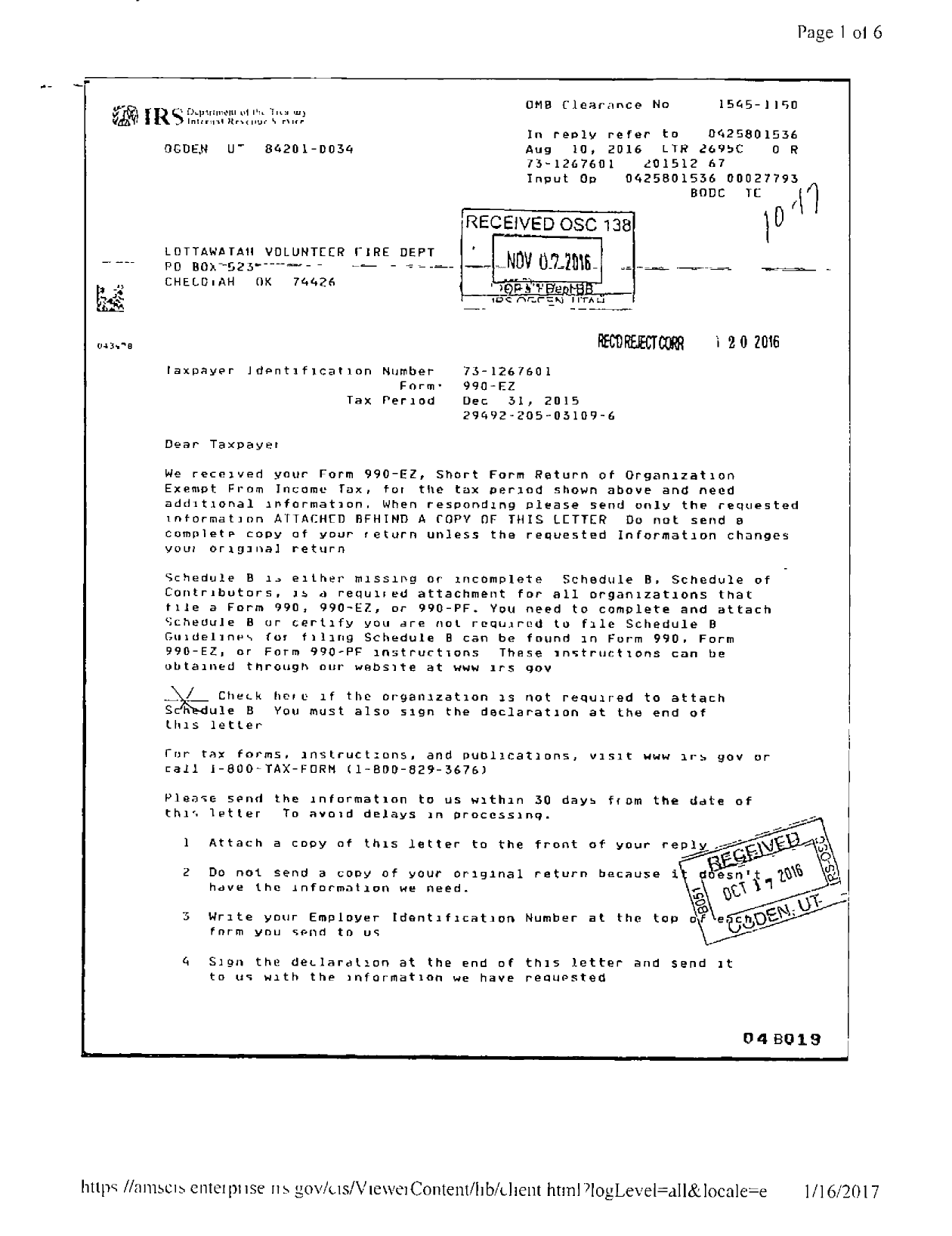 Image of first page of 2015 Form 990ER for Lotawatah Volunteer Fire Dept