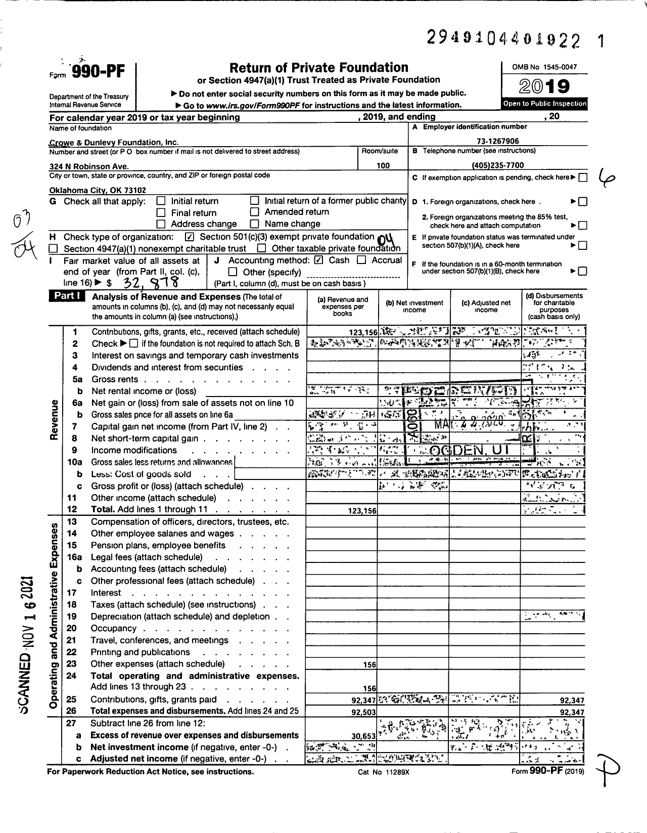 Image of first page of 2019 Form 990PF for Crowe and Dunlevy Foundation