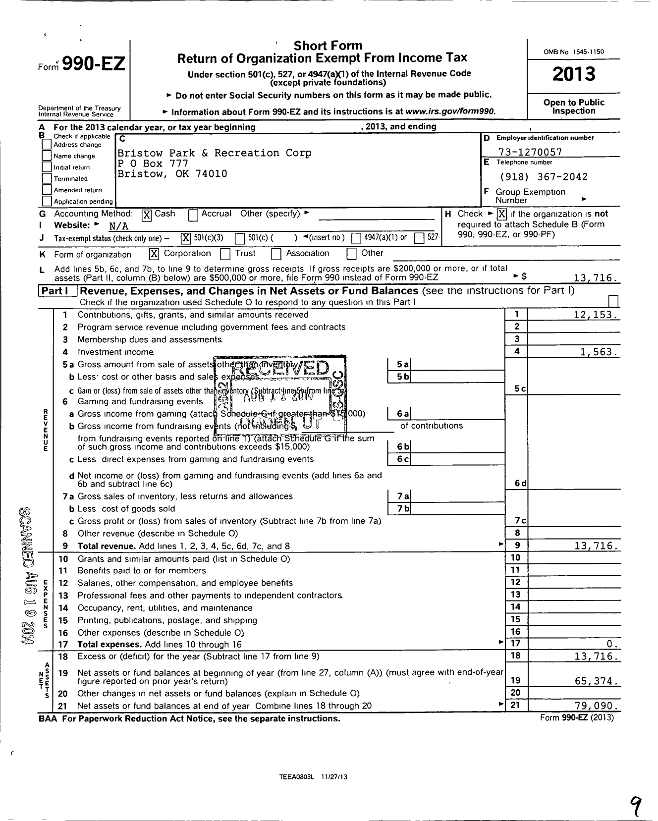 Image of first page of 2013 Form 990EZ for Bristow Park and Recreation Corporation