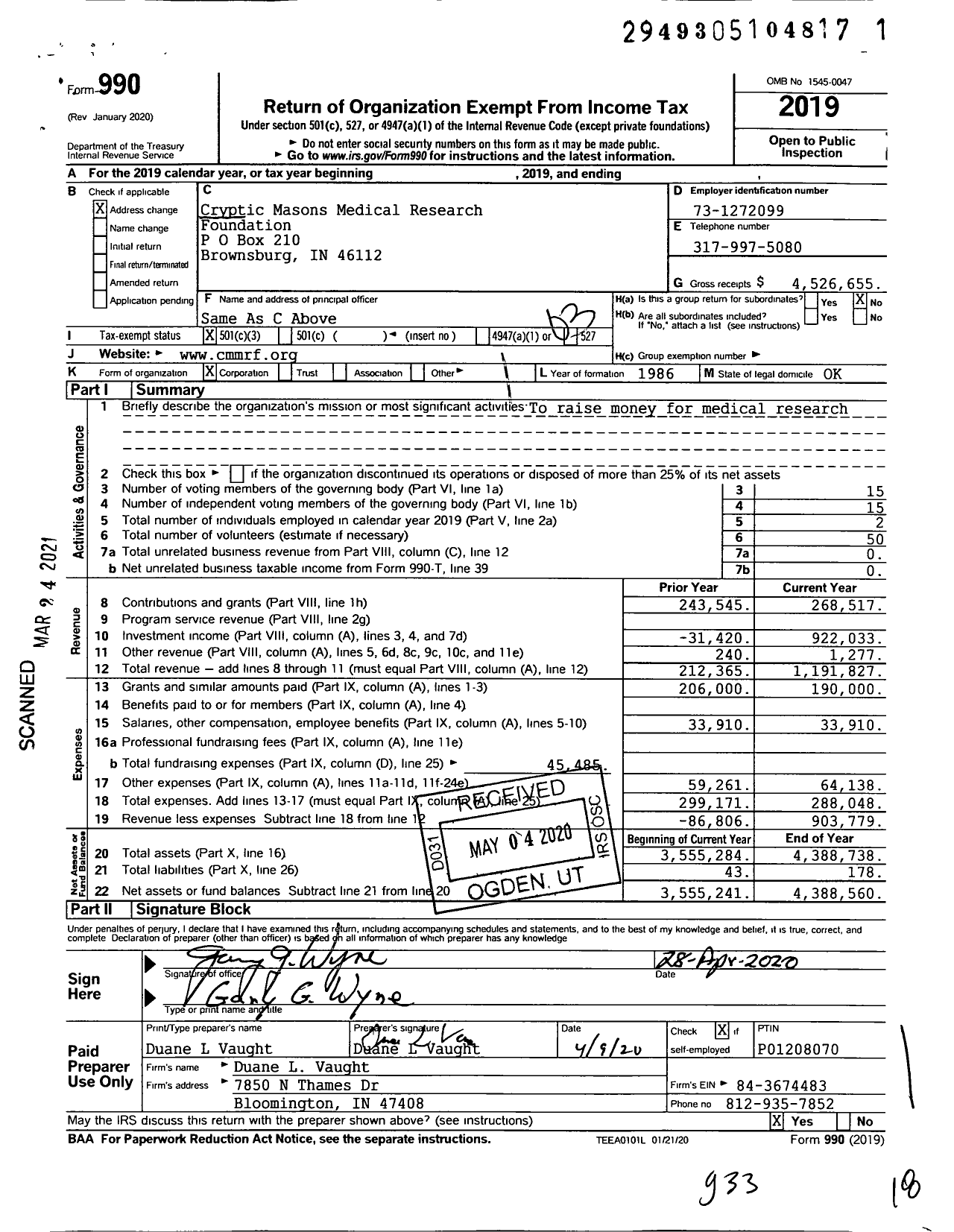 Image of first page of 2019 Form 990 for Cryptic Masons Medical Research Foundation