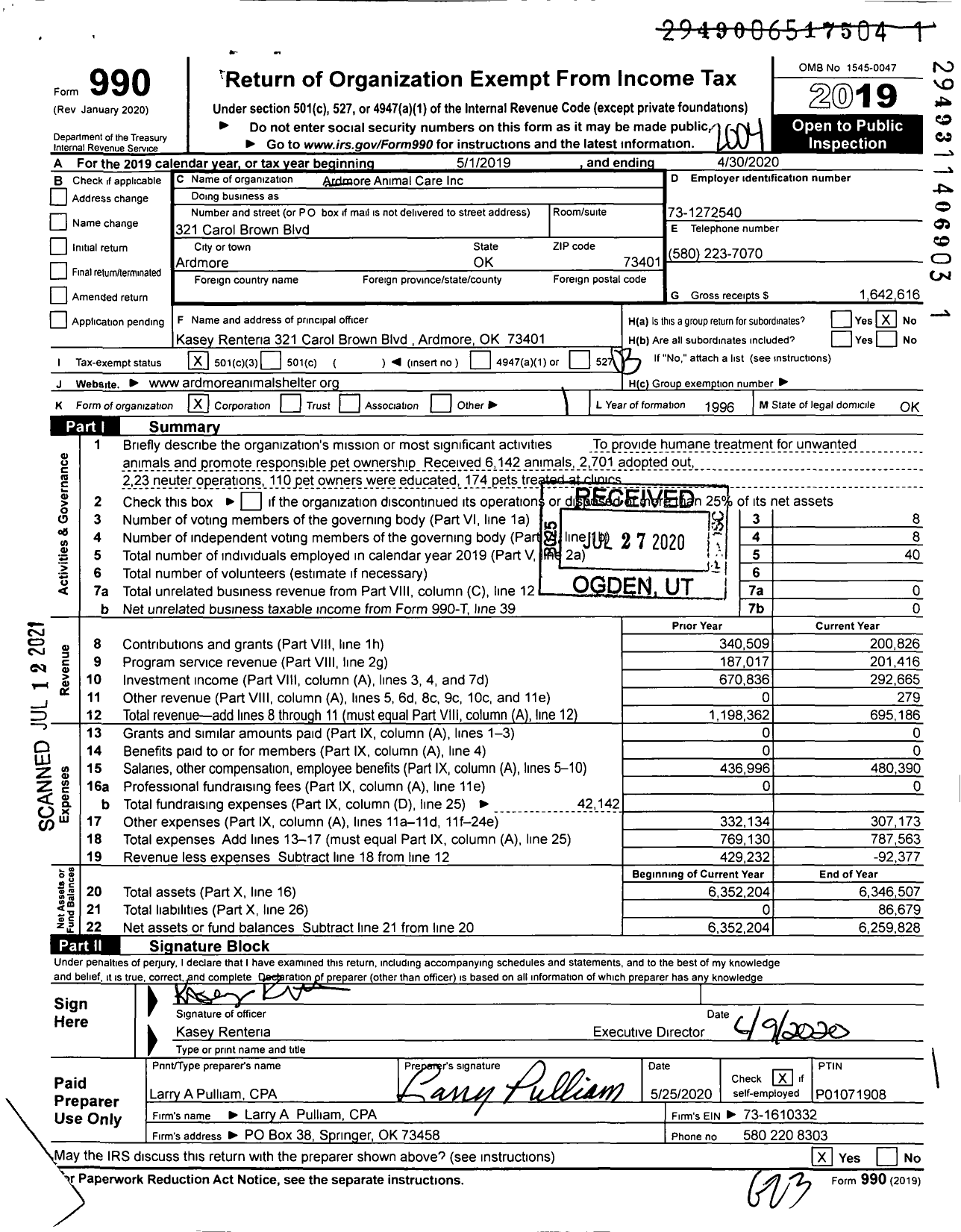 Image of first page of 2019 Form 990 for Ardmore Animal Care