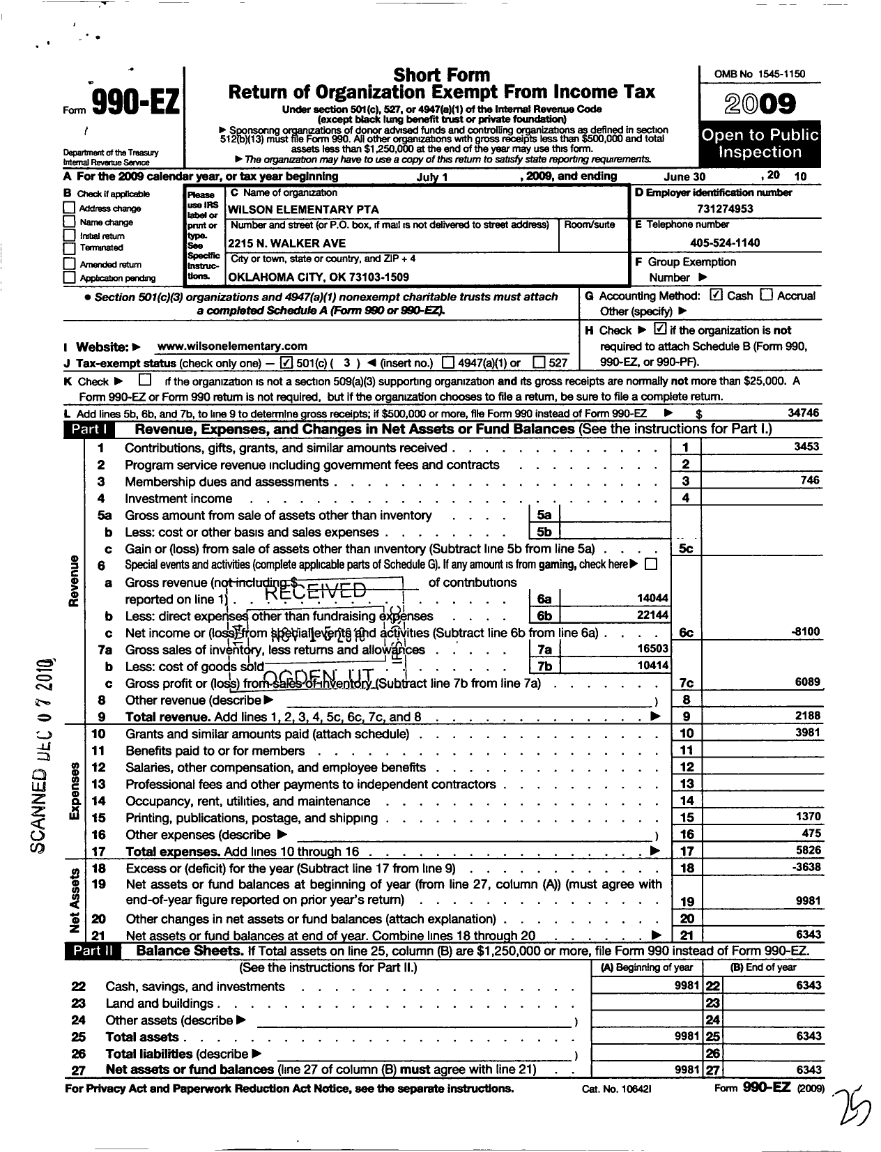 Image of first page of 2009 Form 990EZ for PTA Oklahoma Congress / Wilson Elem