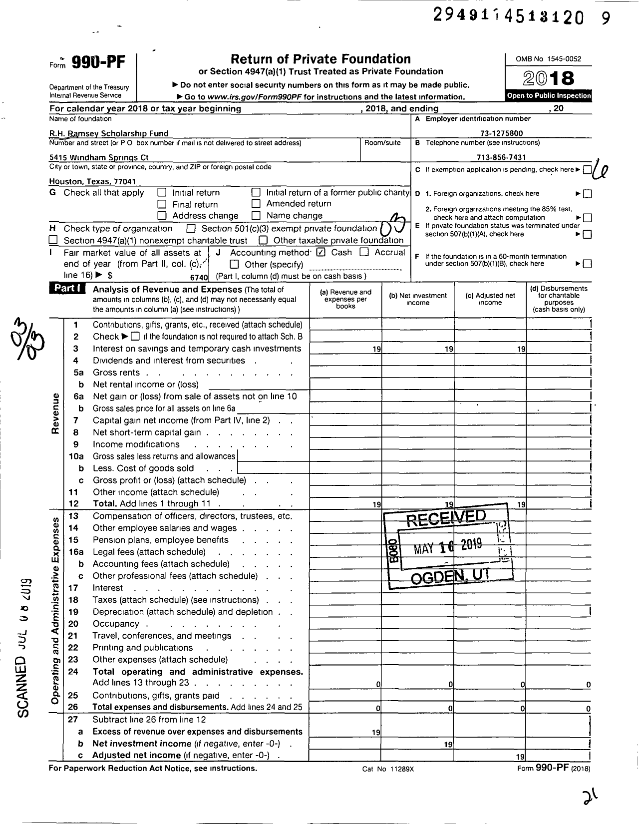 Image of first page of 2018 Form 990PF for R H Ramsey Scholarship Fund A Charitable Corporation