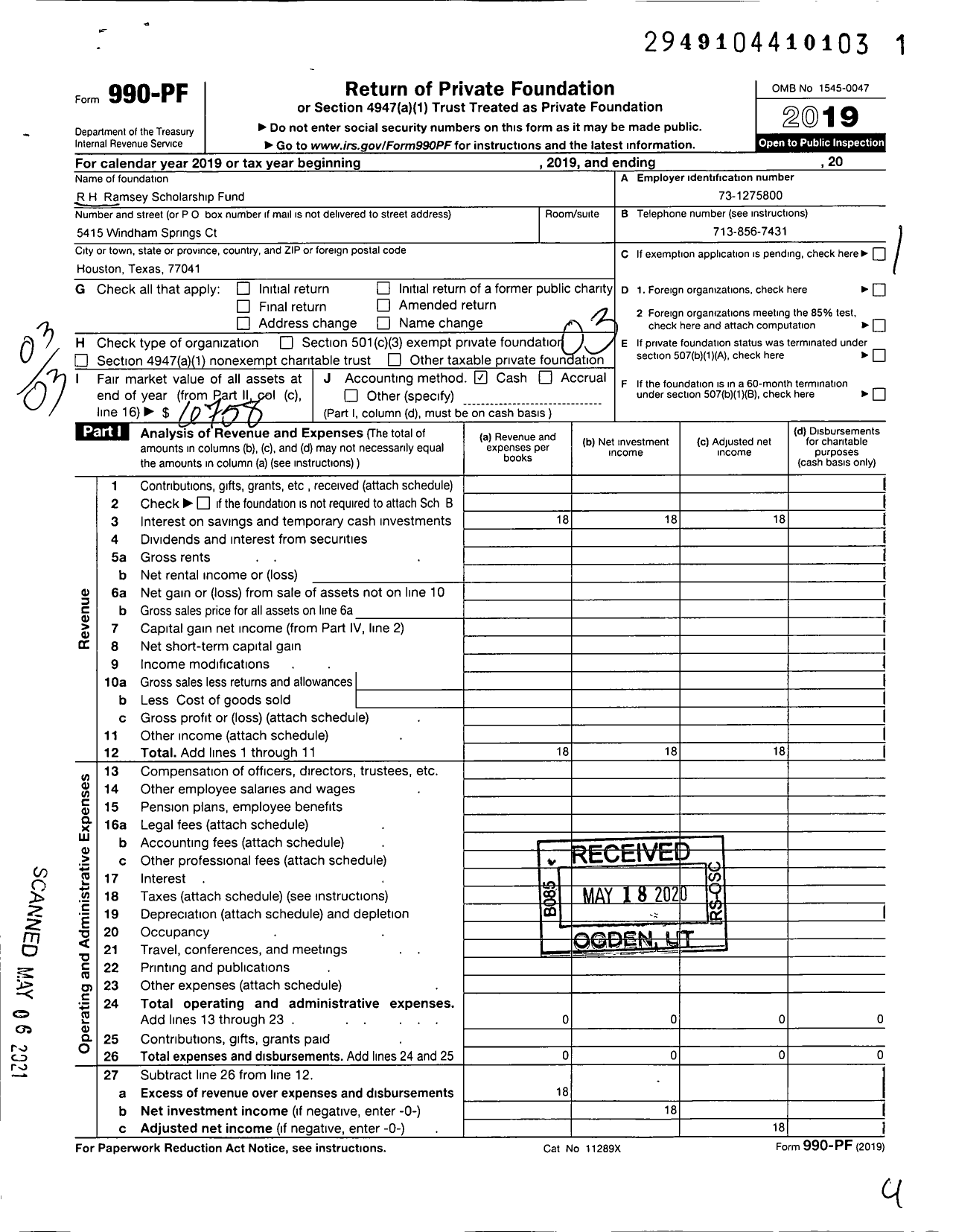 Image of first page of 2019 Form 990PF for R H Ramsey Scholarship Fund A Charitable Corporation