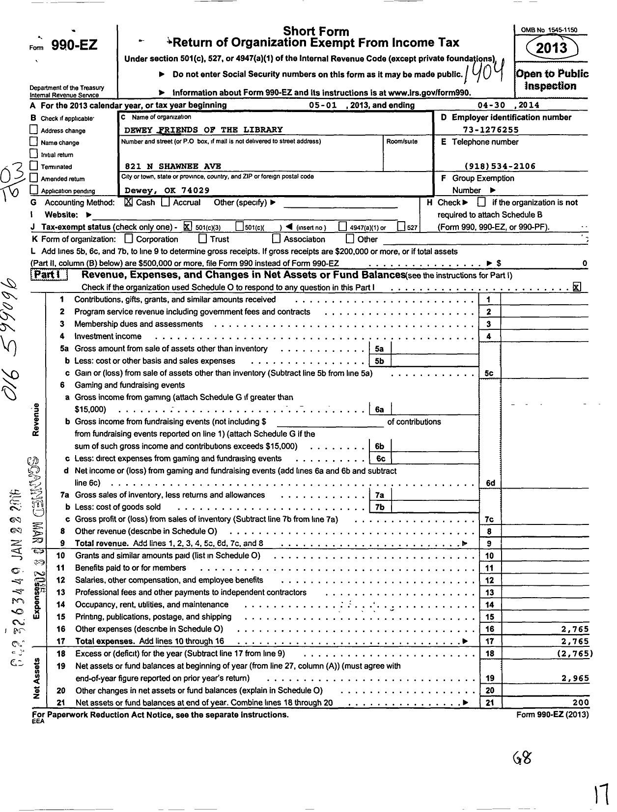 Image of first page of 2013 Form 990EZ for Friends of the Dewey Public Library