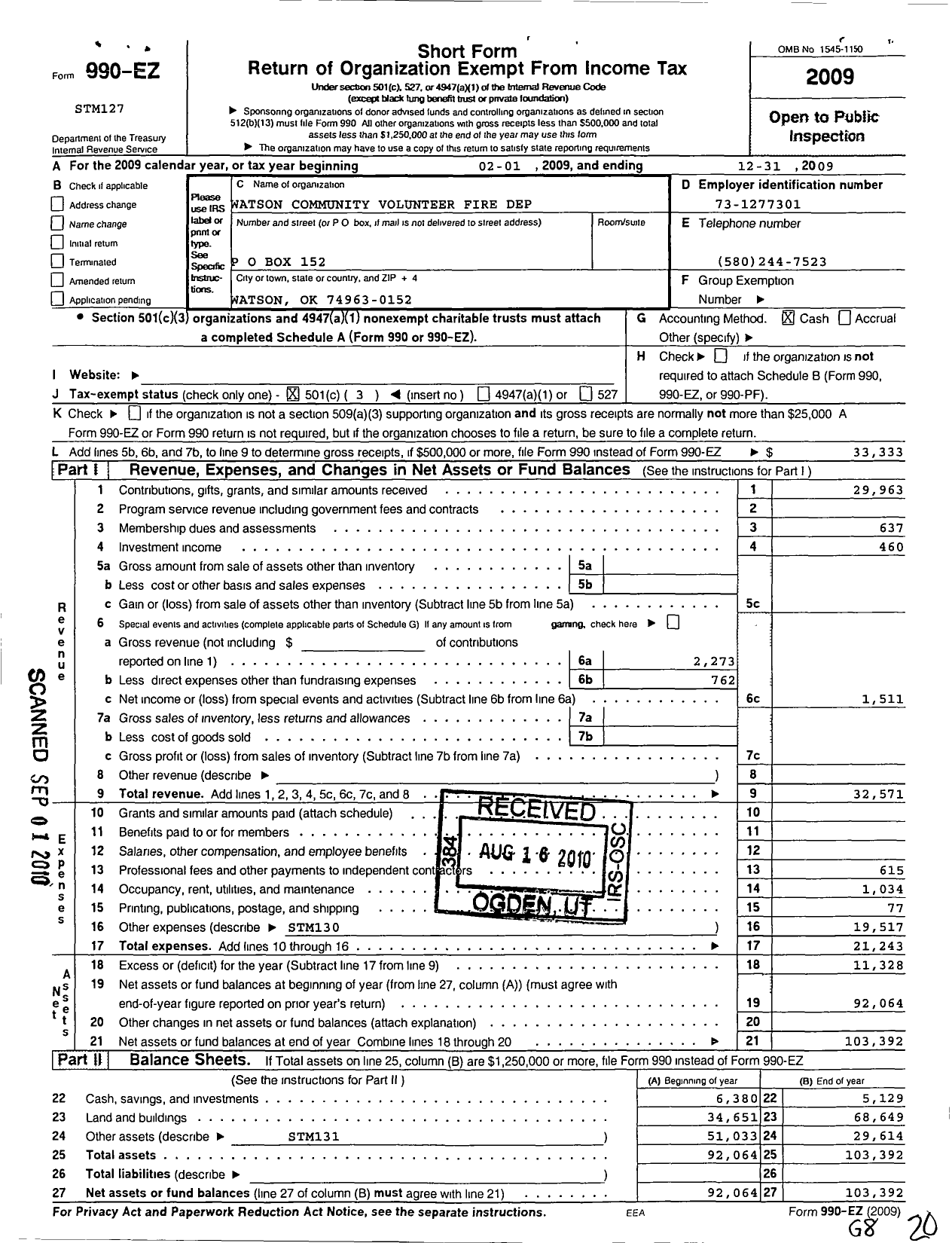 Image of first page of 2009 Form 990EZ for Watson Community Volunteer Fire Dept