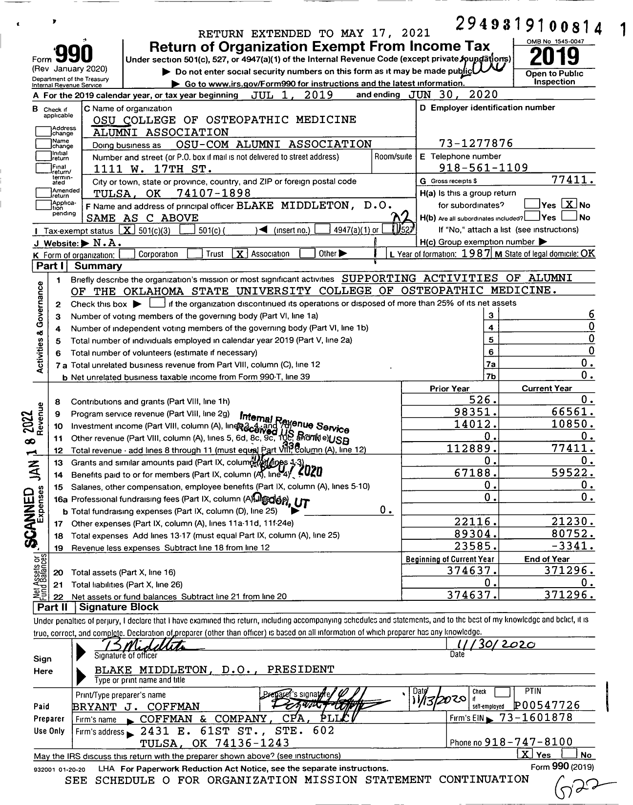 Image of first page of 2019 Form 990 for College of Osteopathic Medicine of Oklahoma State University Alumni Association