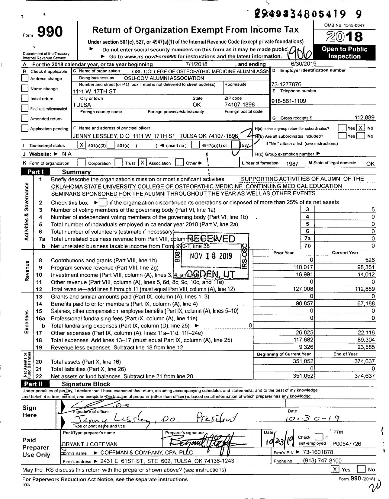 Image of first page of 2018 Form 990 for College of Osteopathic Medicine of Oklahoma State University Alumni Association