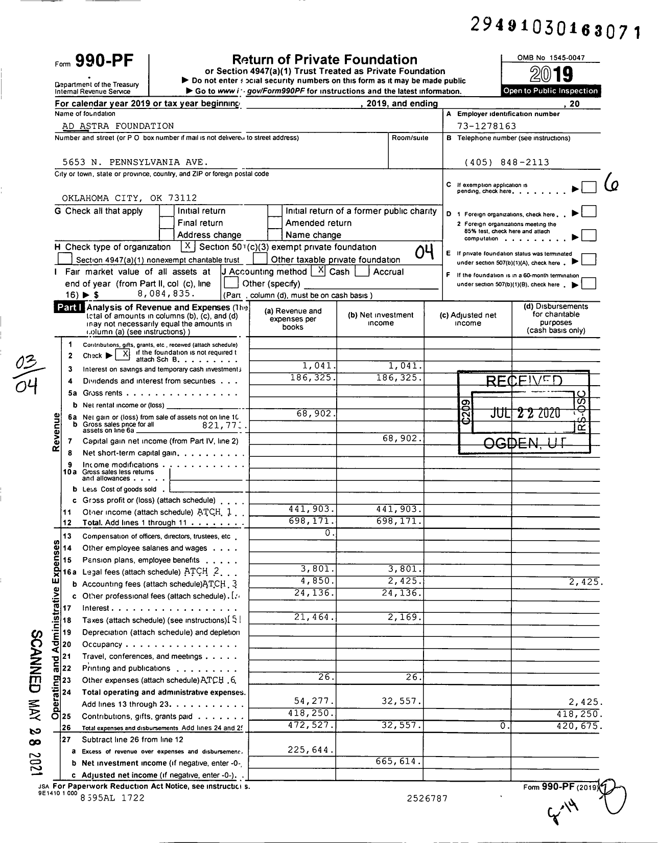 Image of first page of 2019 Form 990PF for Ad Astra Foundation