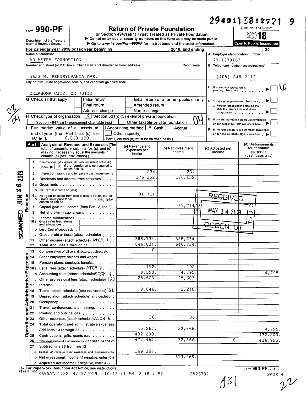 Image of first page of 2018 Form 990PF for Ad Astra Foundation