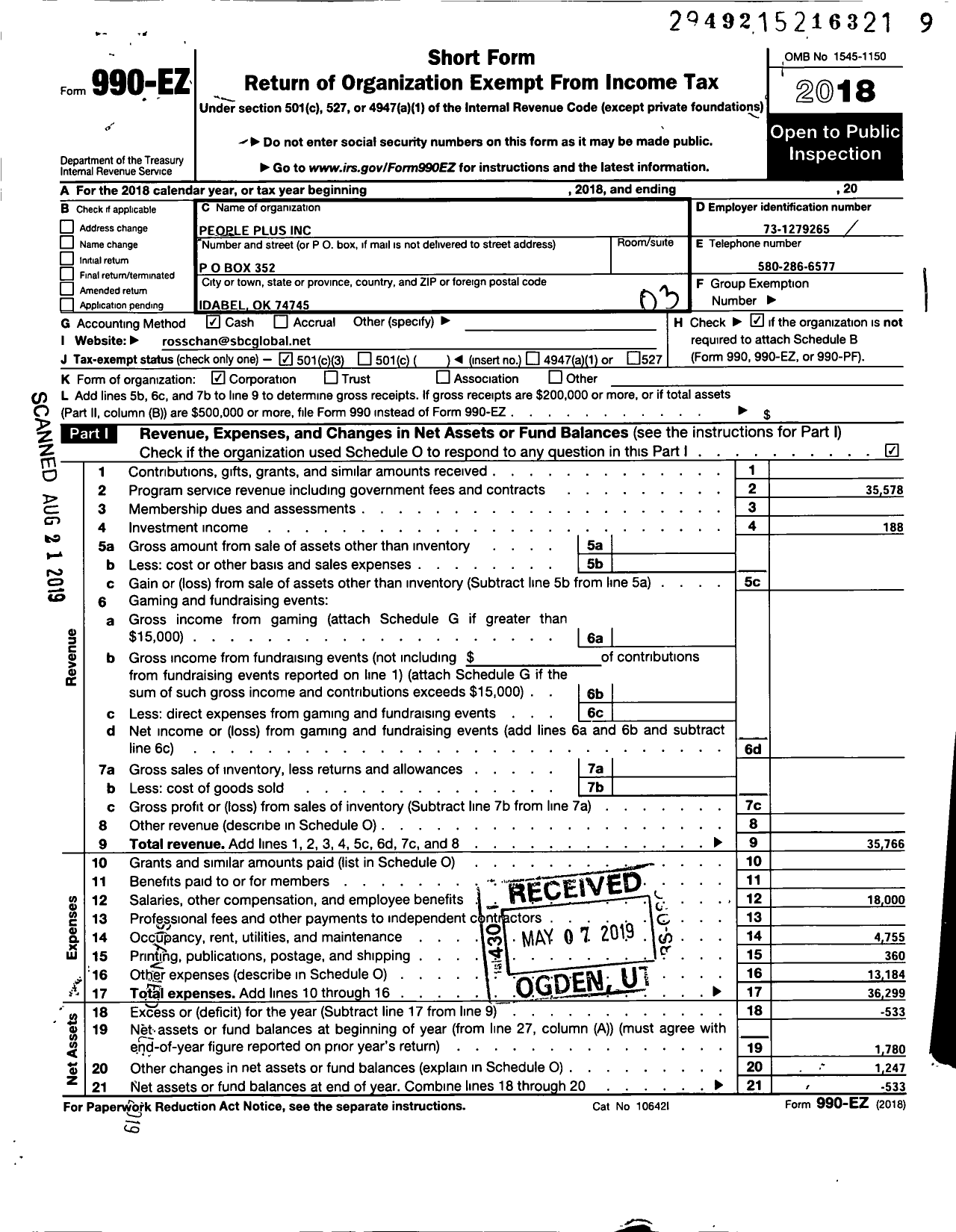 Image of first page of 2018 Form 990EZ for People Plus