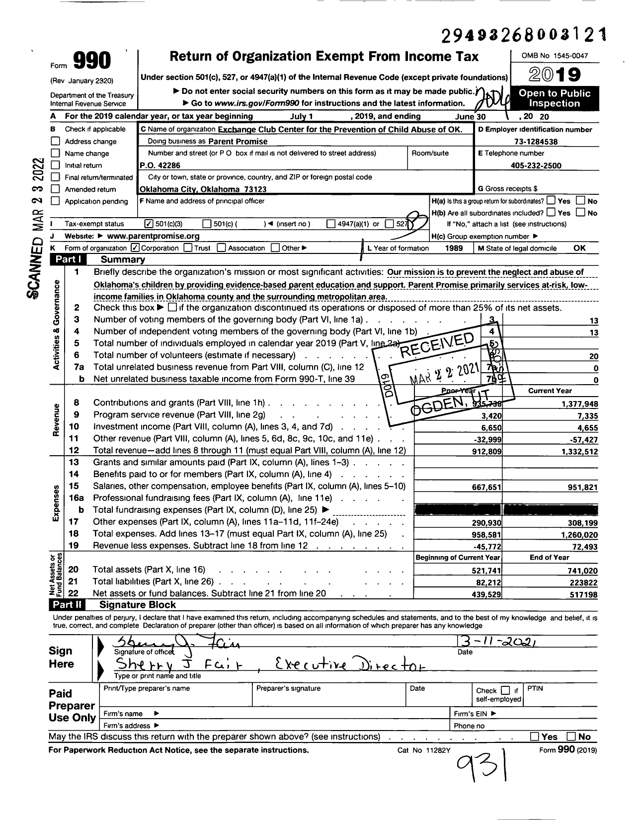 Image of first page of 2019 Form 990 for Parent Promise / Exchange Club Center for the Prevention of Child Abuse of Oklahoma Inc