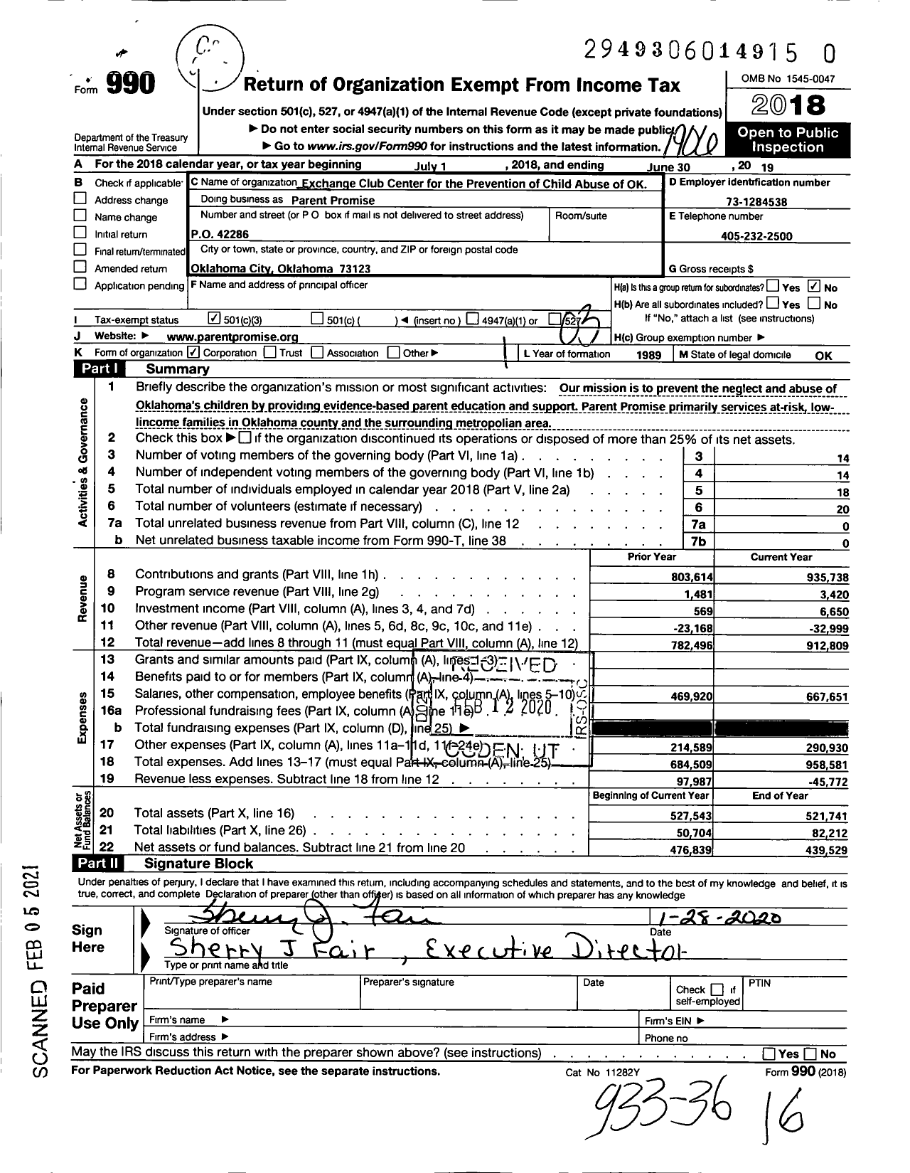 Image of first page of 2018 Form 990 for Parent Promise / Exchange Club Center for the Prevention of Child Abuse of Oklahoma Inc