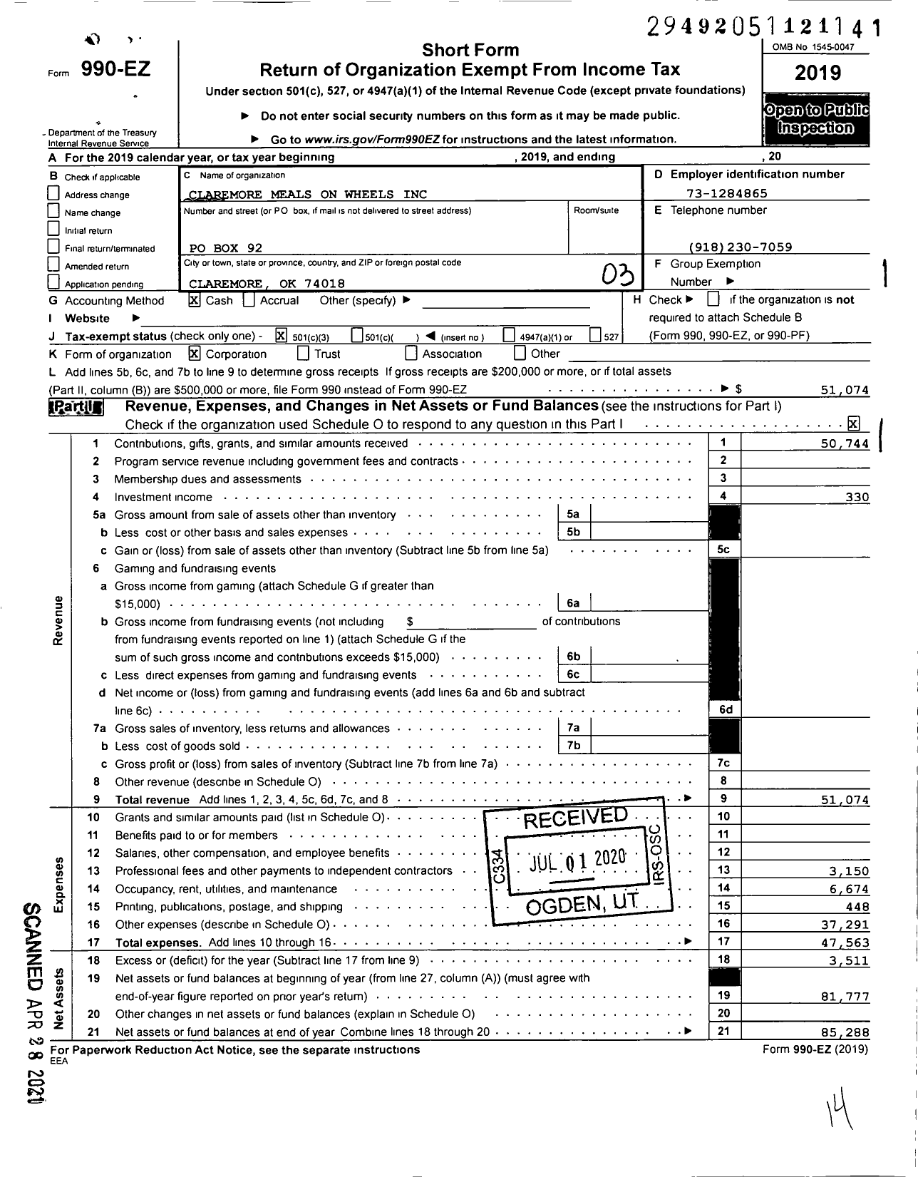 Image of first page of 2019 Form 990EZ for Claremore Meals on Wheels