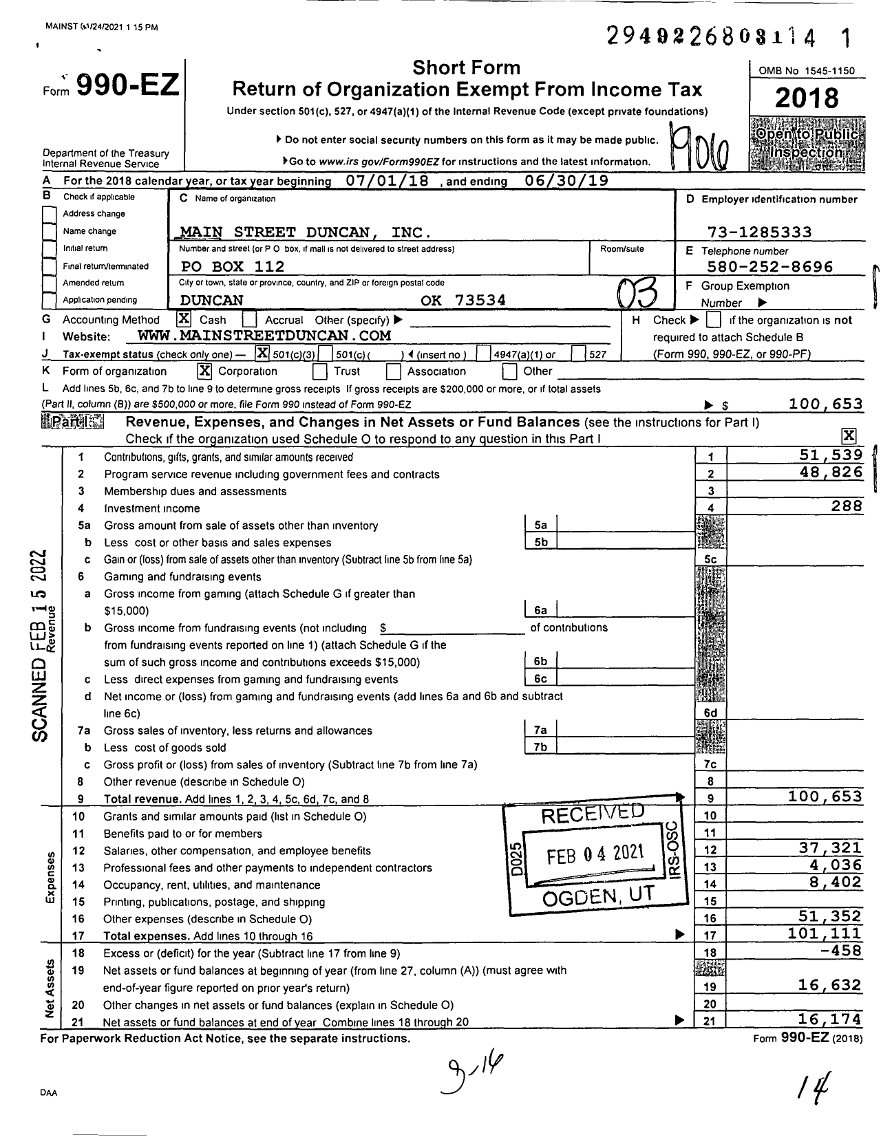 Image of first page of 2018 Form 990EZ for Main Street Duncan